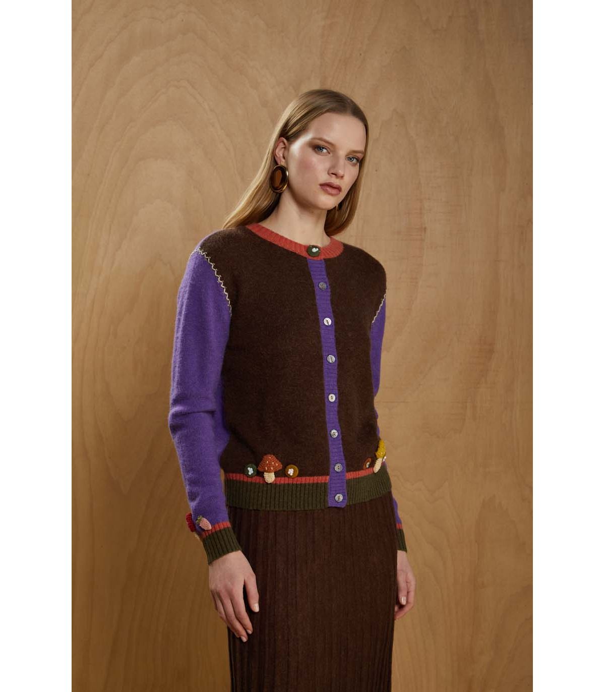 JEI'S Letizia Denaro Cardigan donna Mushrooms caffè e ametista in lana e alpaca 
