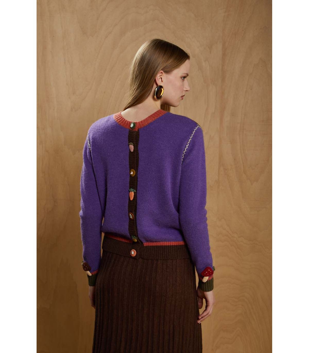 JEI'S Letizia Denaro Cardigan donna Mushrooms caffè e ametista in lana e alpaca 