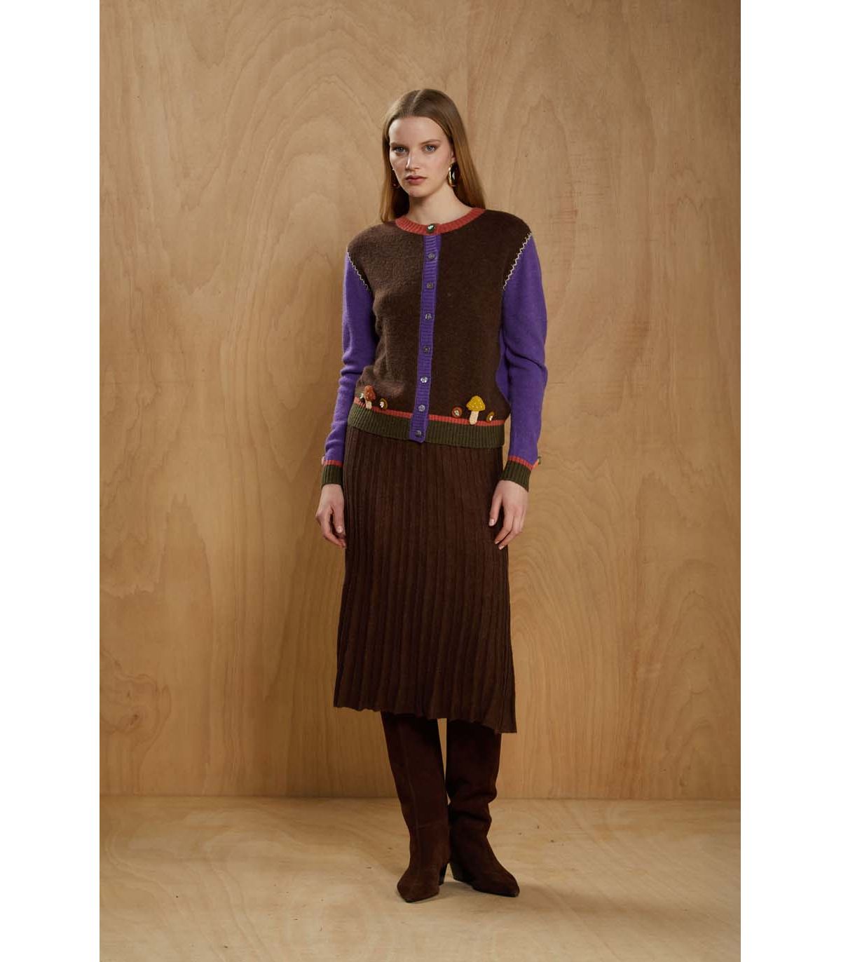 JEI'S Letizia Denaro Cardigan donna Mushrooms caffè e ametista in lana e alpaca 
