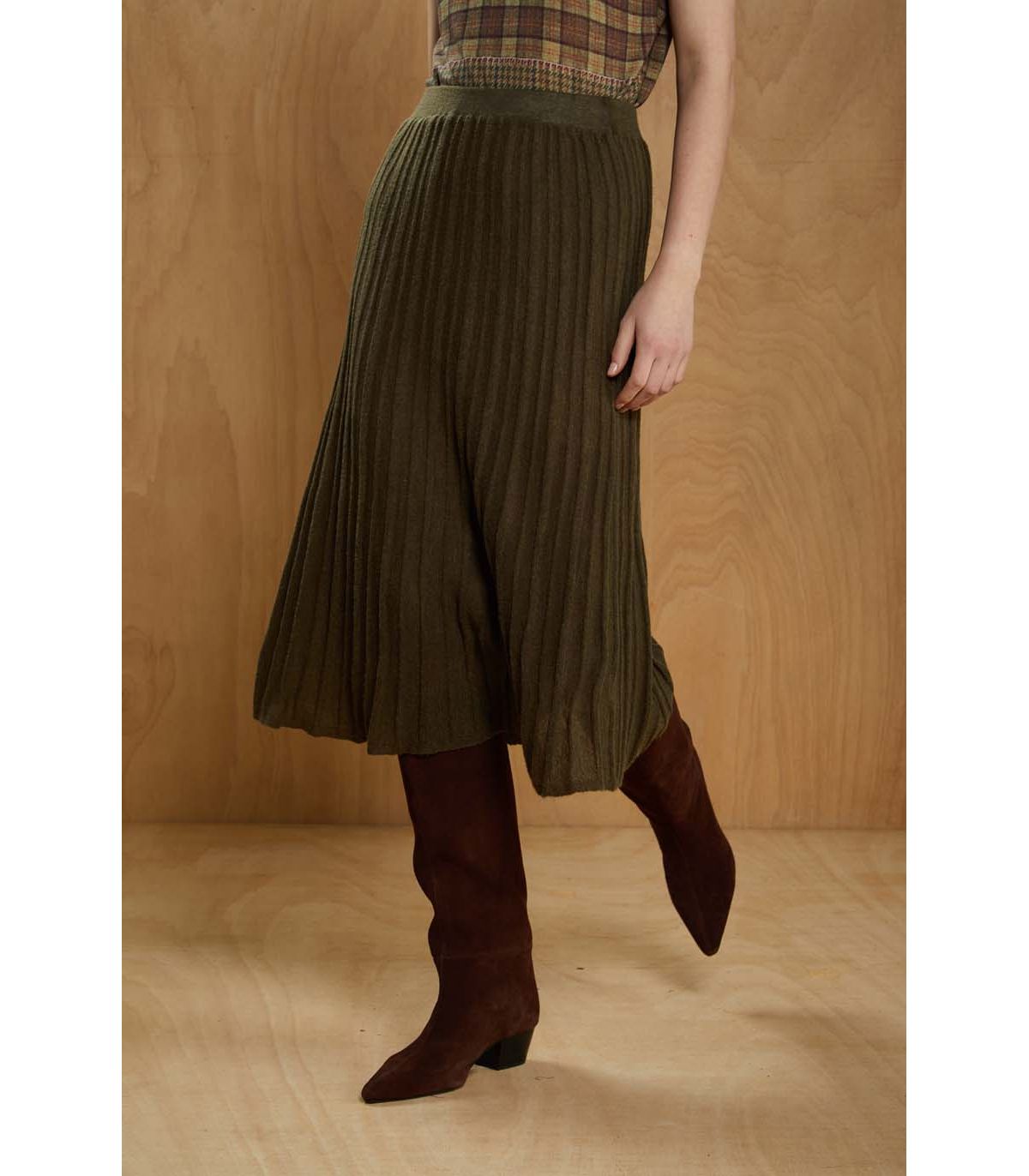 JEI'S Letizia Denaro Gonna midi Plissé verde in lana e alpaca 
