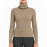 RAKKI Maglione donna Catherine cammello in Cashwool con collo ad anello 