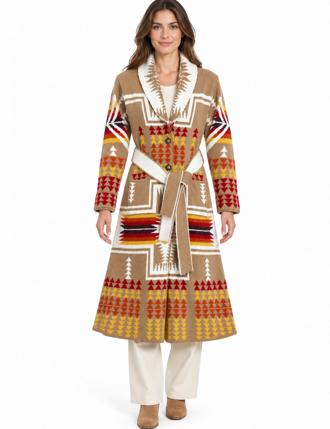 RAKKI Cappotto Navajo cammello in baby lambswool con cintura, 100% Made in Italy 