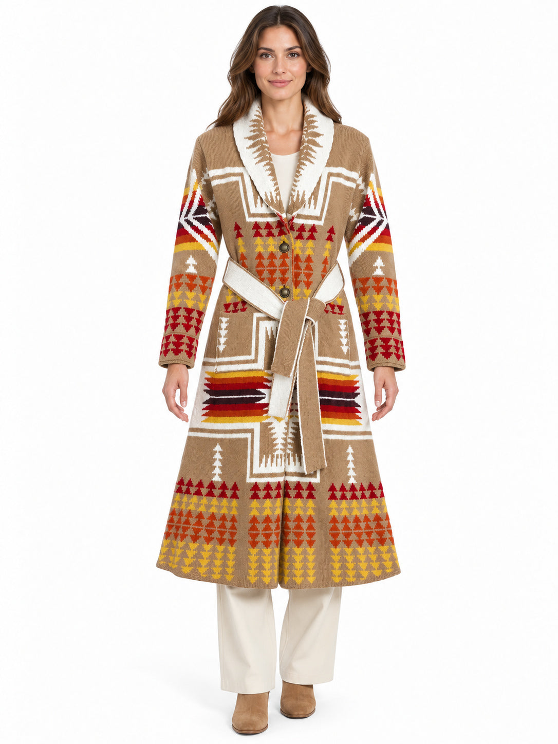 RAKKI Cappotto Navajo cammello in baby lambswool con cintura, 100% Made in Italy 