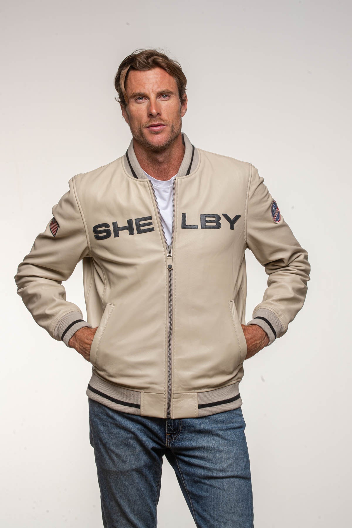 SHELBY Bomber uomo Dallas in pelle di montone ecru con zip 