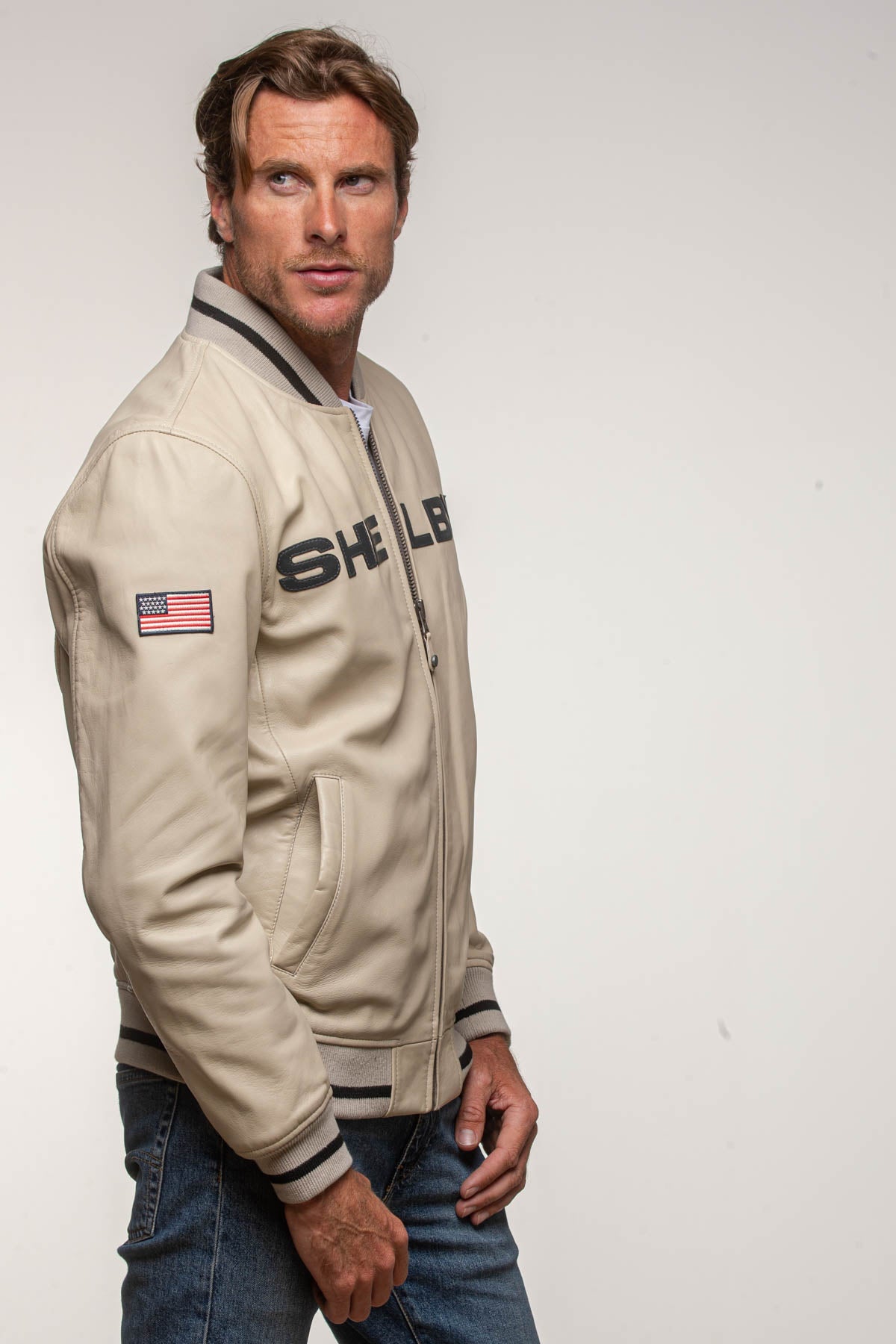 SHELBY Bomber uomo Dallas in pelle di montone ecru con zip 