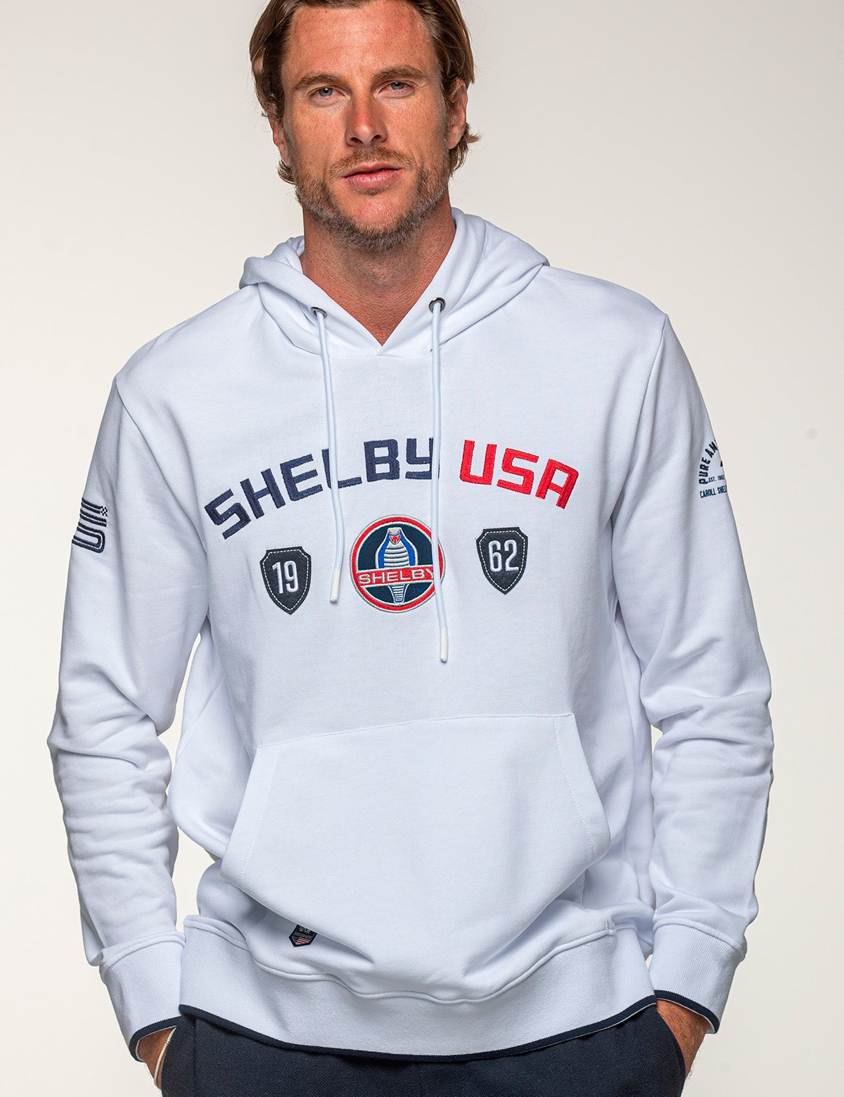 SHELBY Felpa uomo Mustang in cotone bianco con cappuccio 