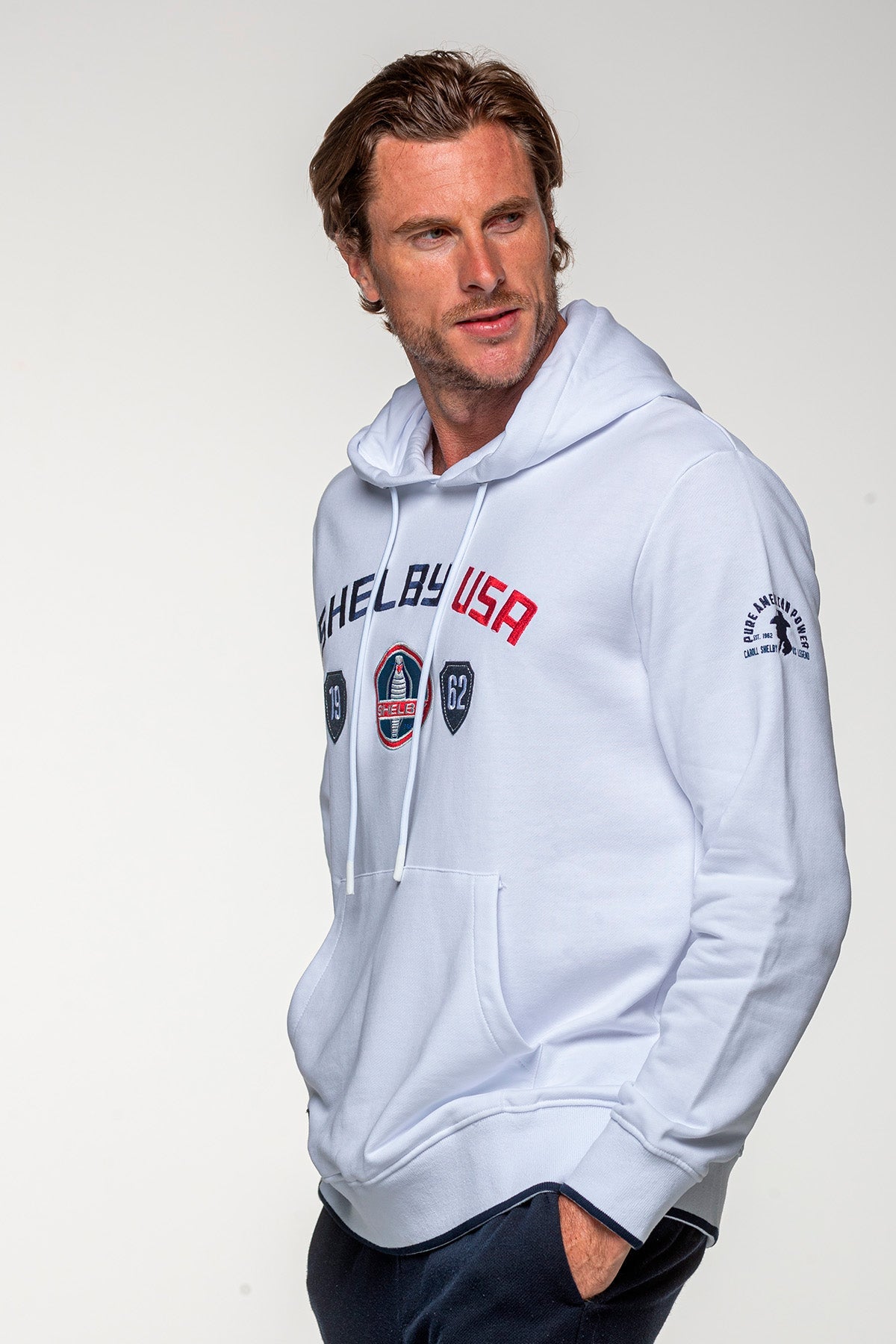 SHELBY Felpa uomo Mustang in cotone bianco con cappuccio 