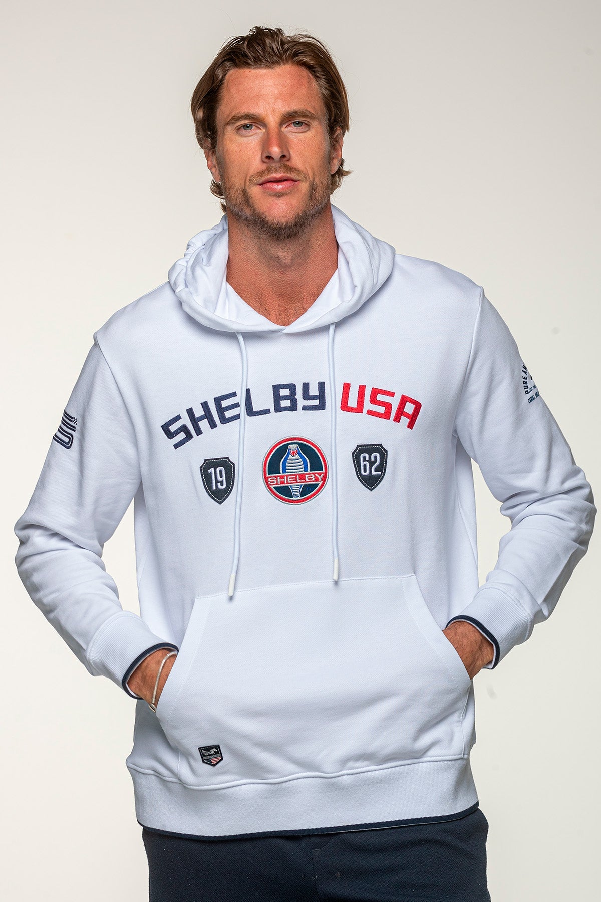 SHELBY Felpa uomo Mustang in cotone bianco con cappuccio 