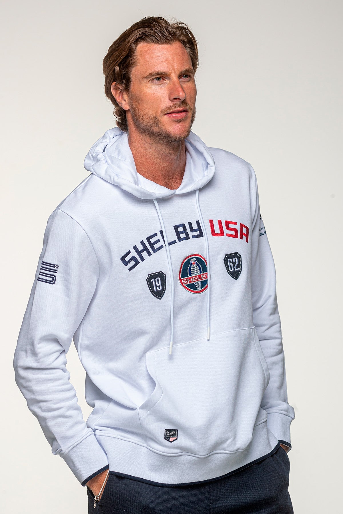 SHELBY Felpa uomo Mustang in cotone bianco con cappuccio 