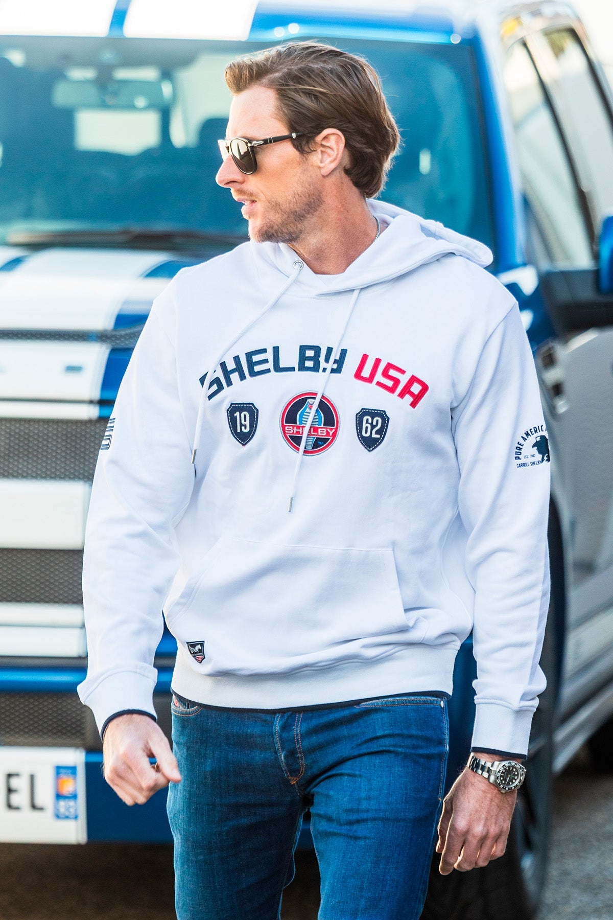 SHELBY Felpa uomo Mustang in cotone bianco con cappuccio 