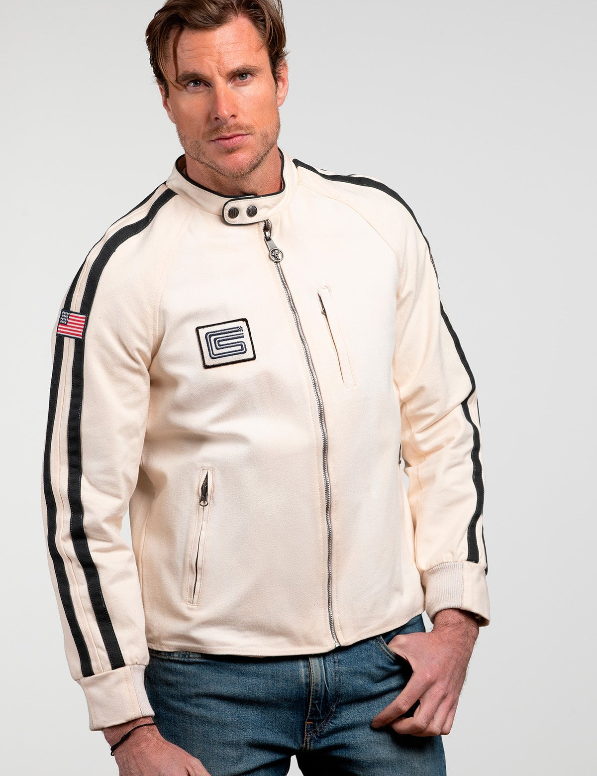SHELBY Giubbotto uomo O'Shell in canvas ecru con zip 