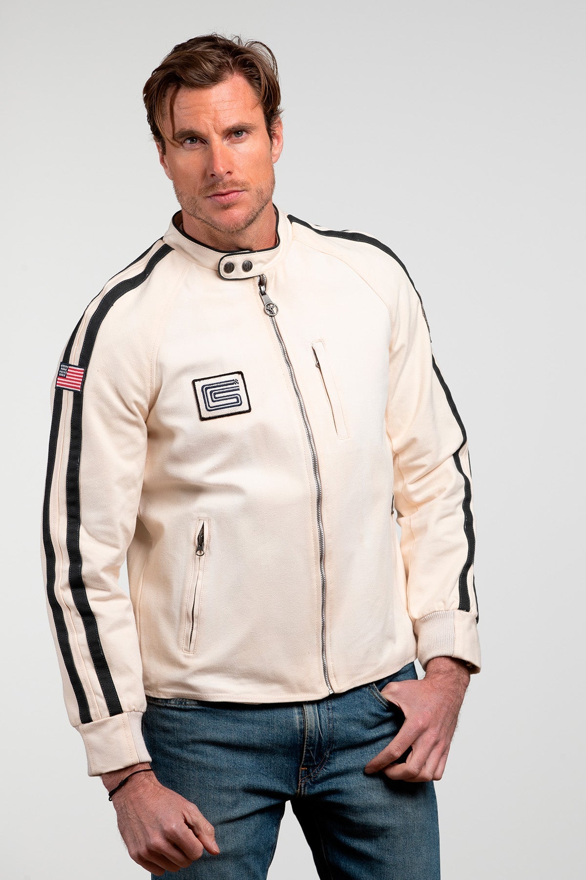 SHELBY Giubbotto uomo O'Shell in canvas ecru con zip 