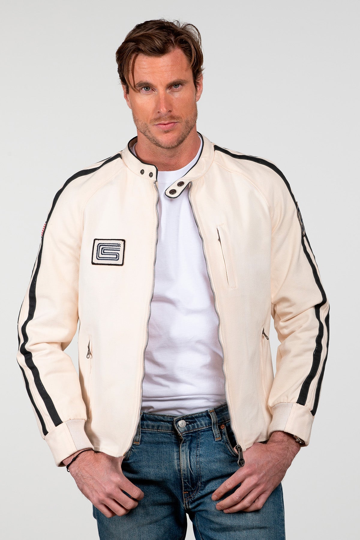 SHELBY Giubbotto uomo O'Shell in canvas ecru con zip 