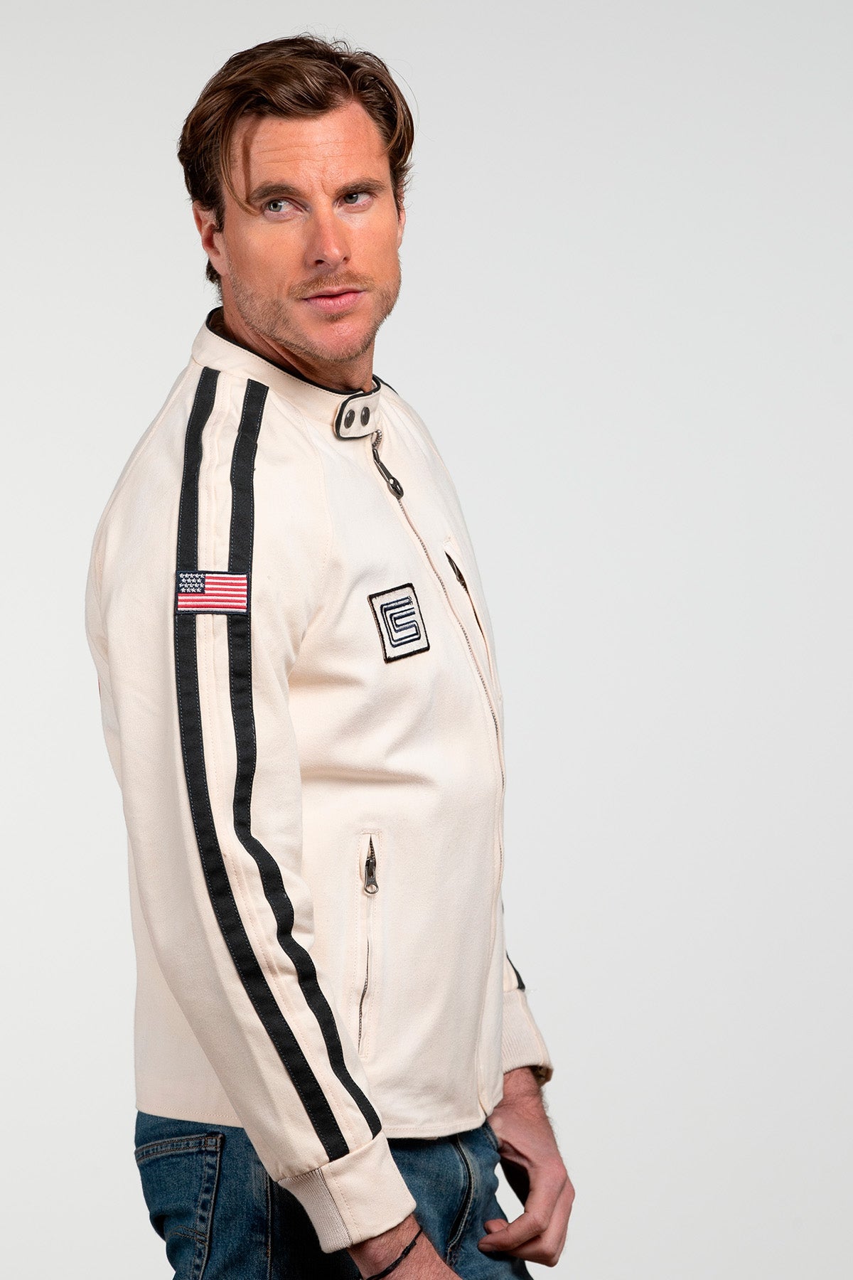 SHELBY Giubbotto uomo O'Shell in canvas ecru con zip 