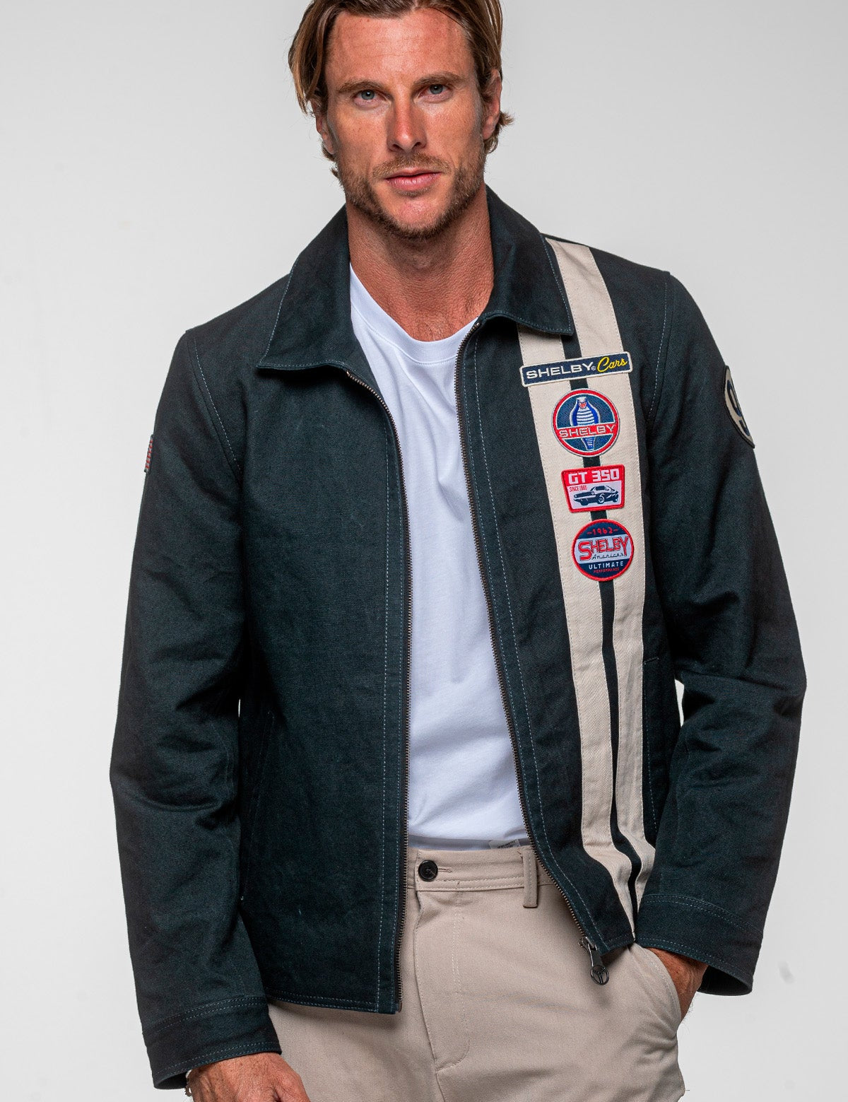 SHELBY Giubbotto uomo Snake in canvas blu con zip e dettagli racing 