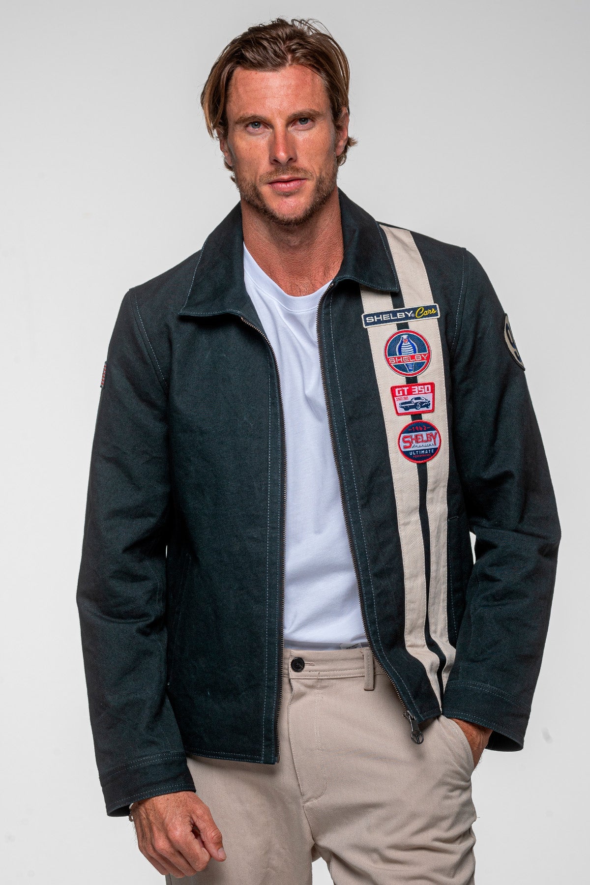 SHELBY Giubbotto uomo Snake in canvas blu con zip e dettagli racing 