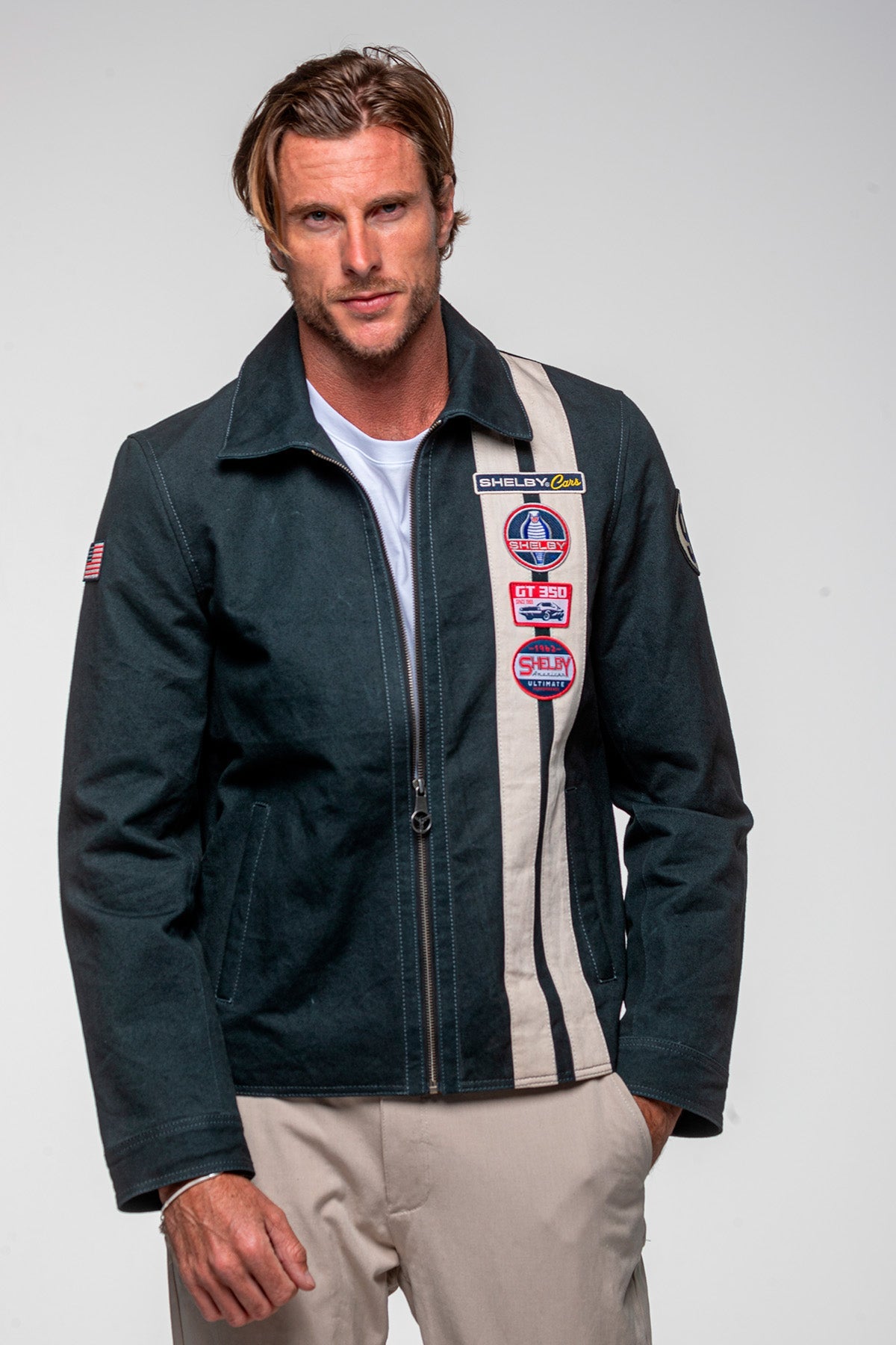 SHELBY Giubbotto uomo Snake in canvas blu con zip e dettagli racing 