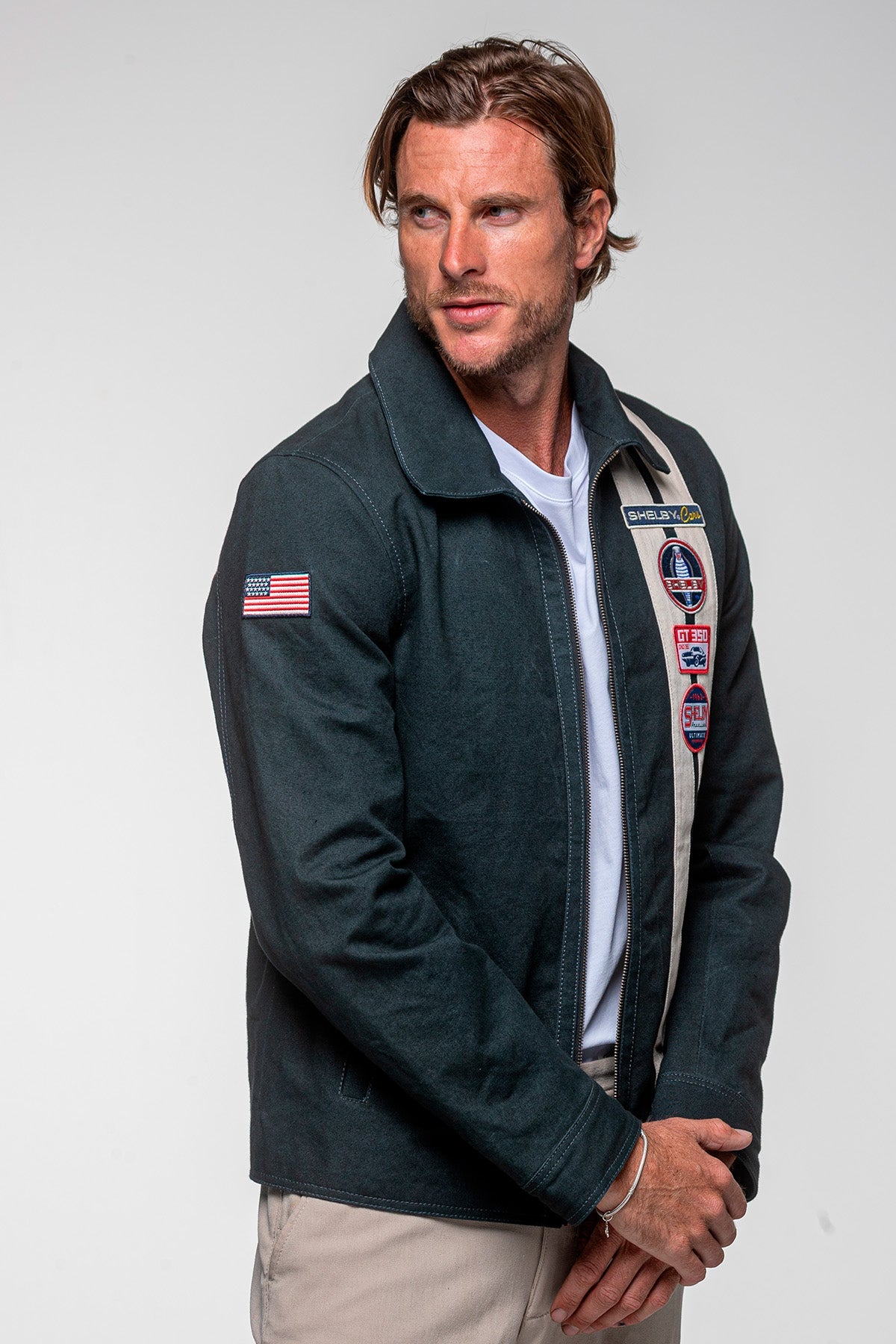 SHELBY Giubbotto uomo Snake in canvas blu con zip e dettagli racing 