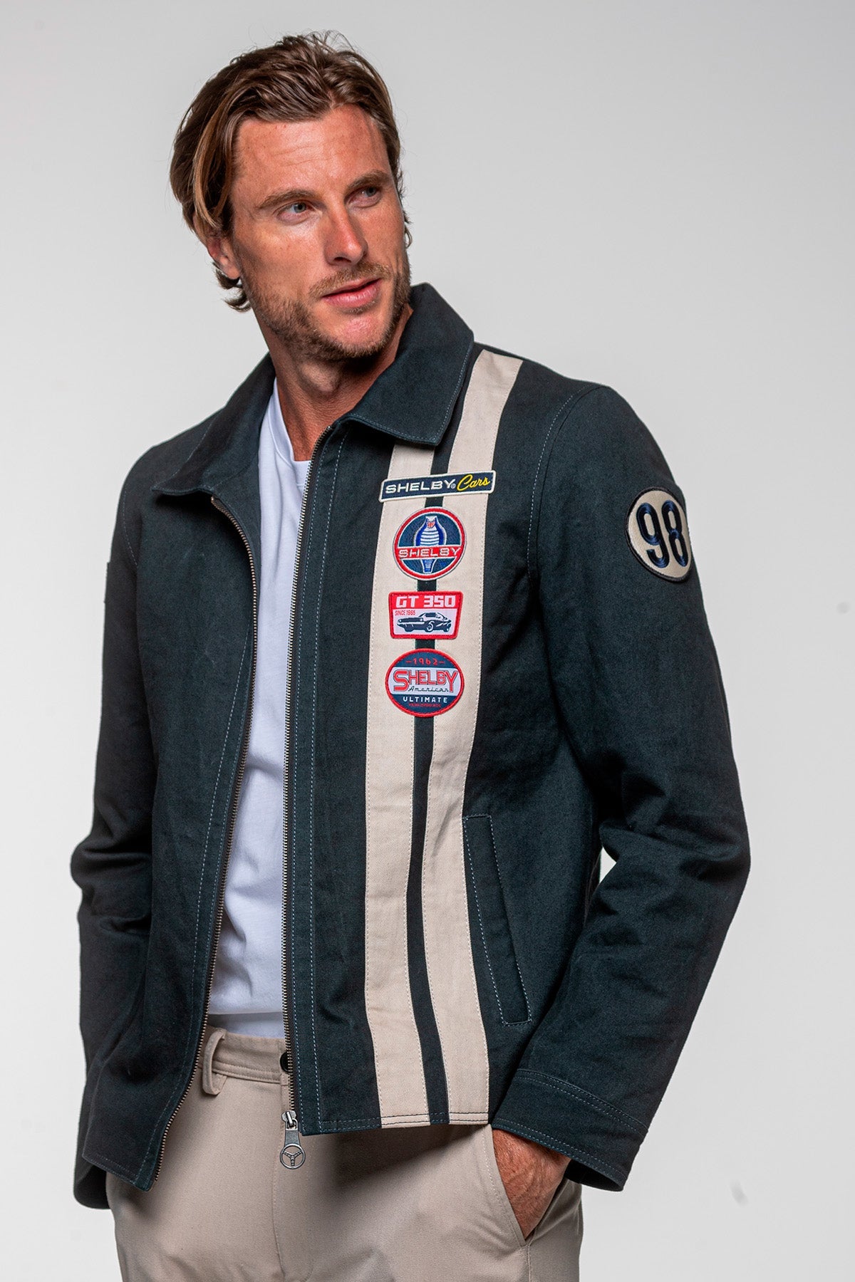 SHELBY Giubbotto uomo Snake in canvas blu con zip e dettagli racing 