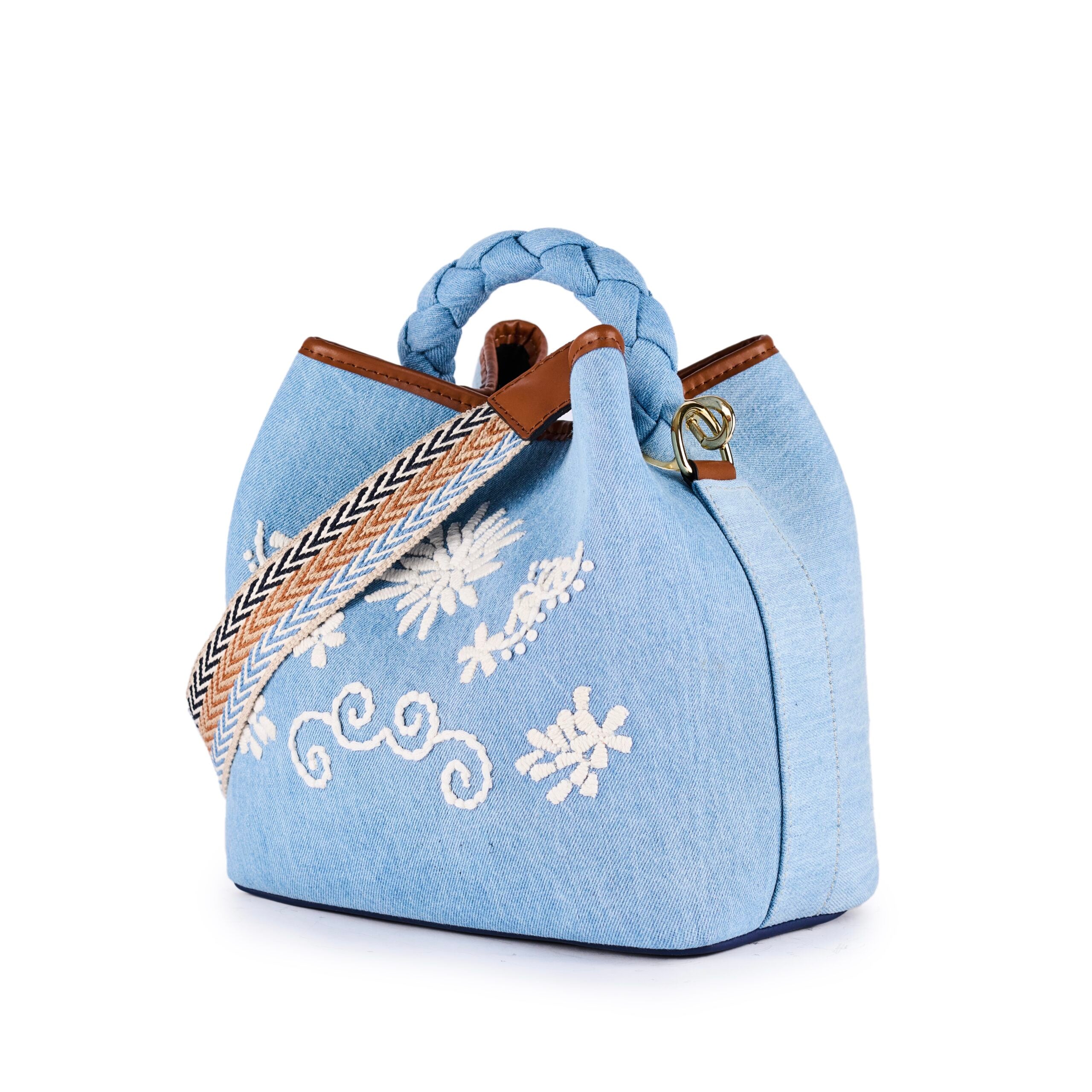 VIAMAIL BAG Borsa secchiello donna Coral Trim in jeans ricamato a mano 
