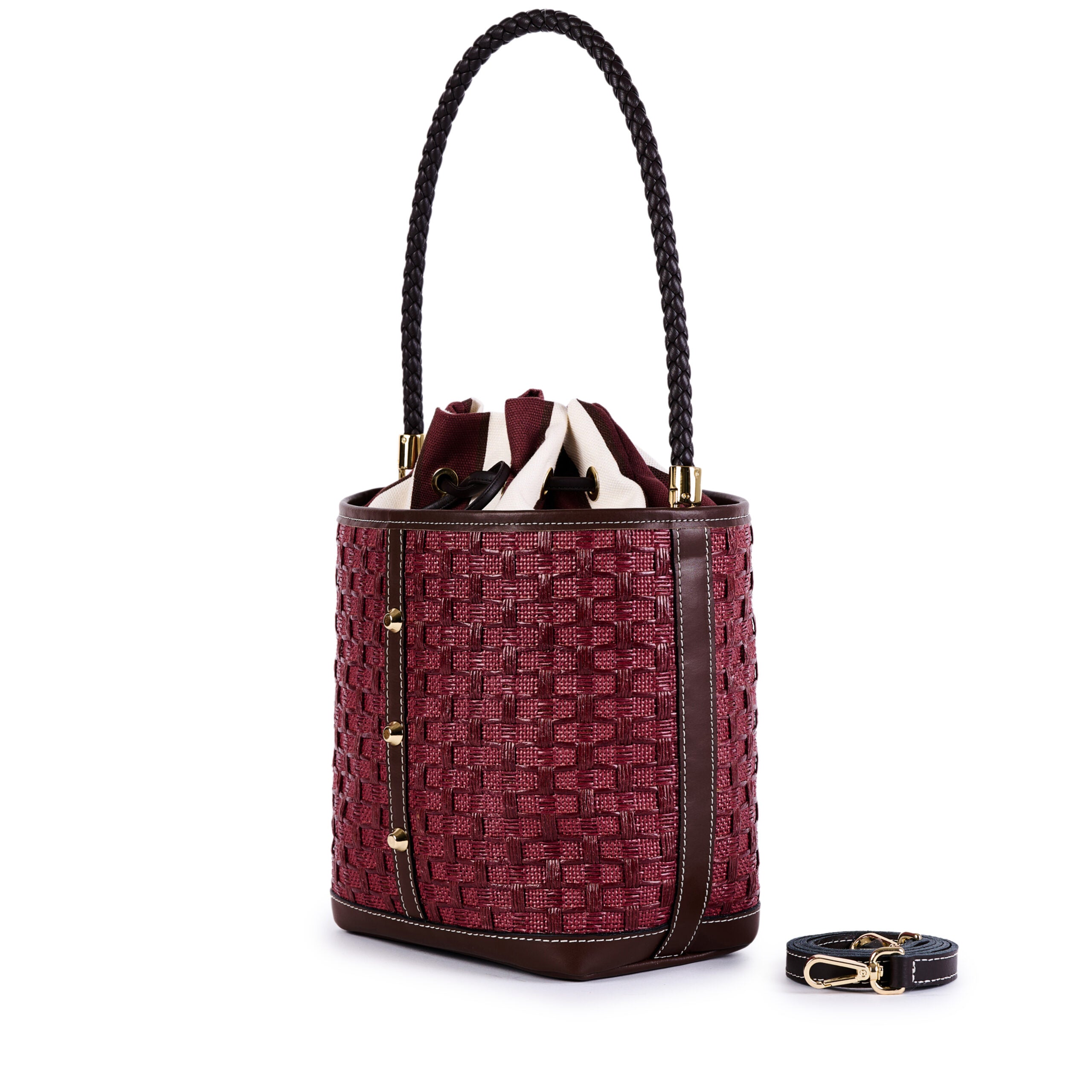 VIAMAIL BAG Borsa secchiello in rafia e pelle Bouquet Rattan bordeaux 