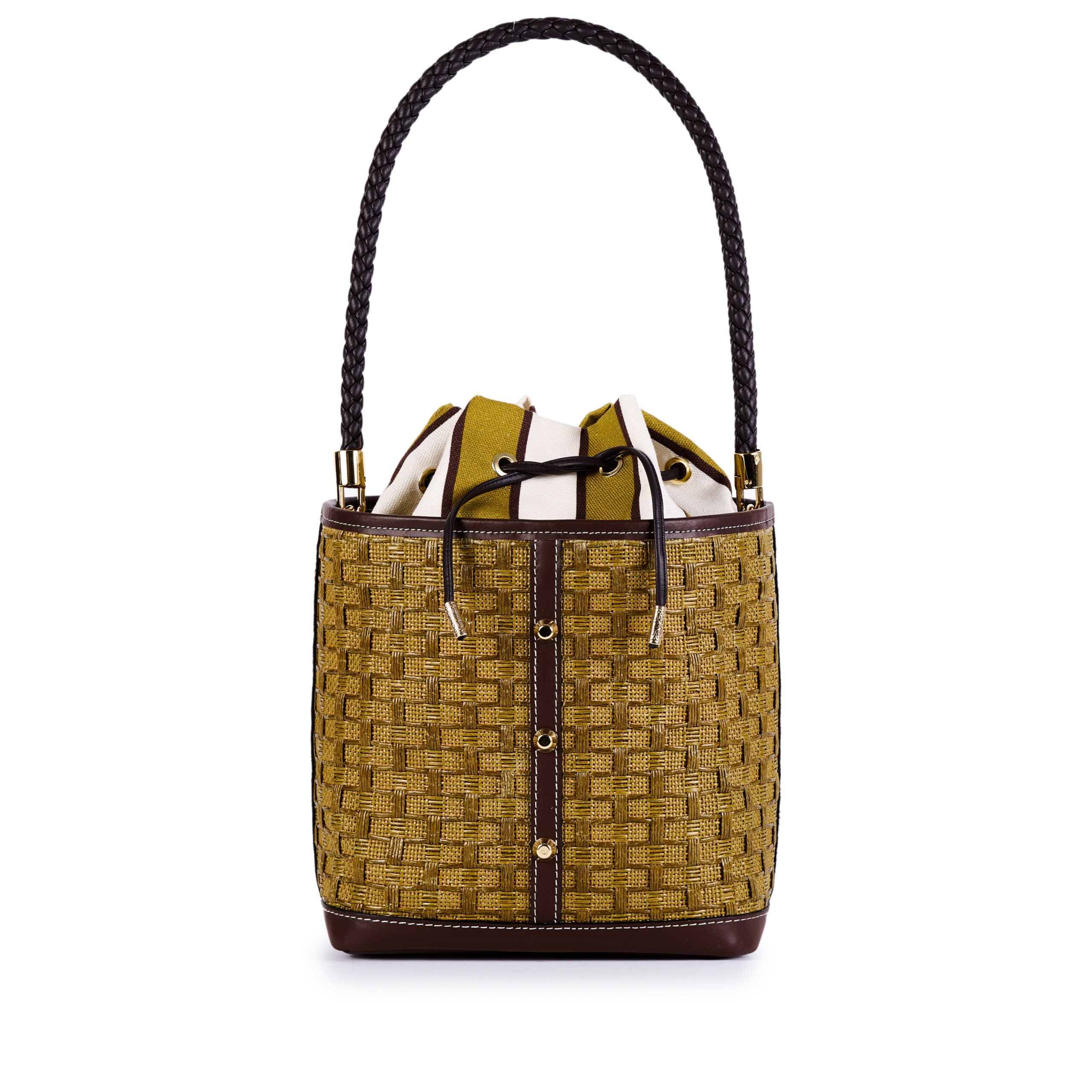 VIAMAIL BAG Borsa secchiello in rafia e pelle Bouquet Rattan verde 