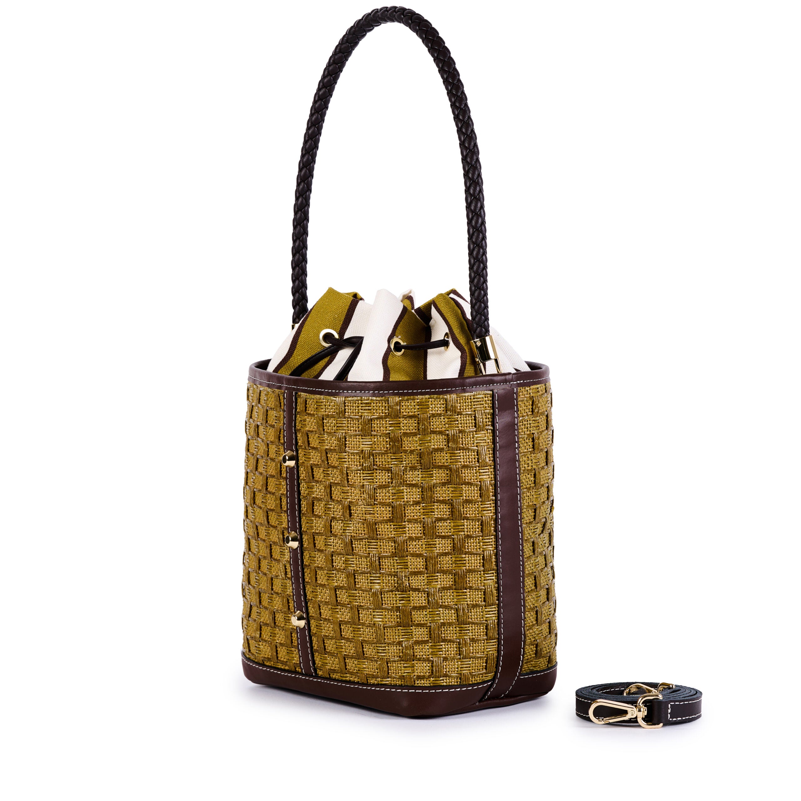 VIAMAIL BAG Borsa secchiello in rafia e pelle Bouquet Rattan verde 
