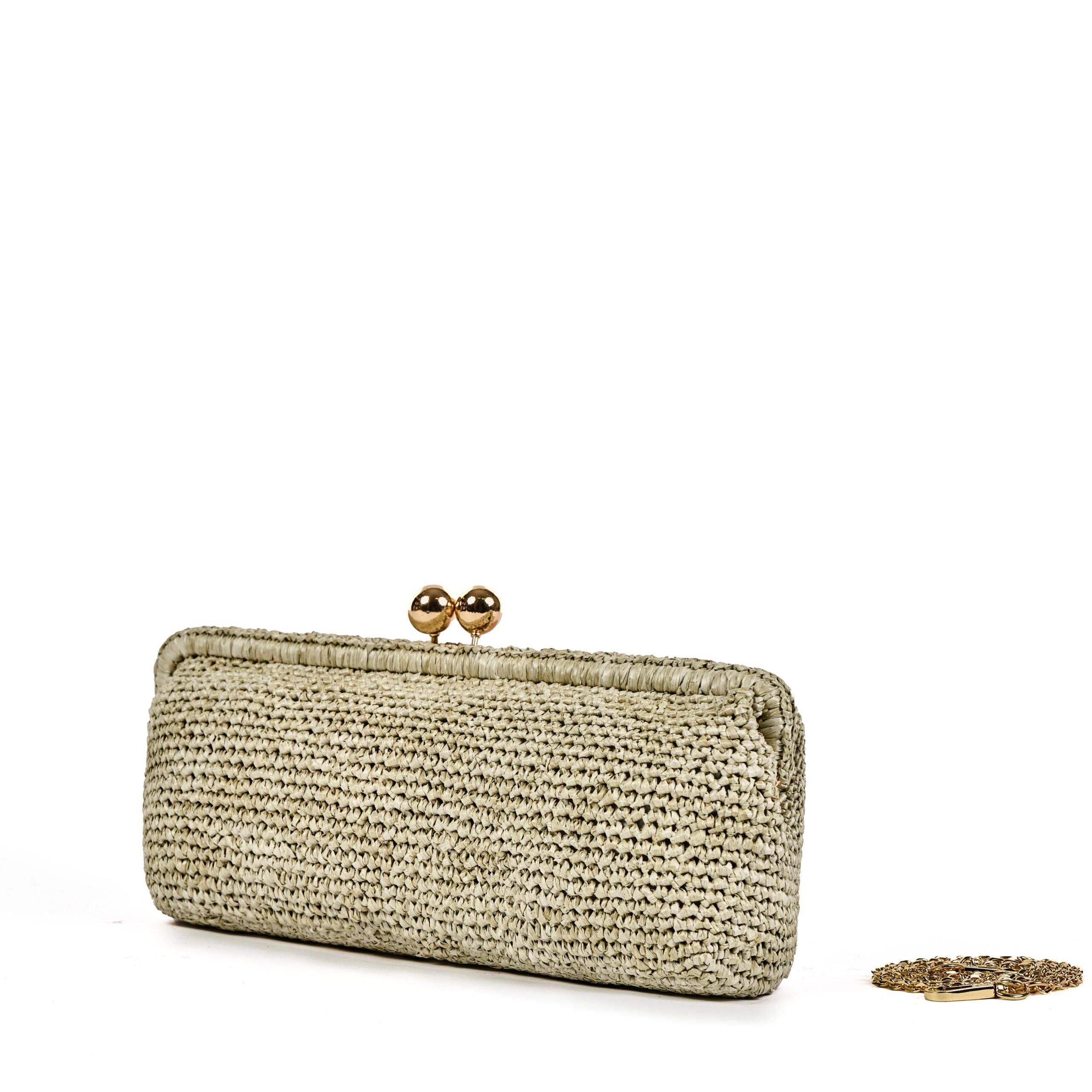 VIAMAIL BAG Pochette in rafia Cora Crochet salvia con tracolla a catena 