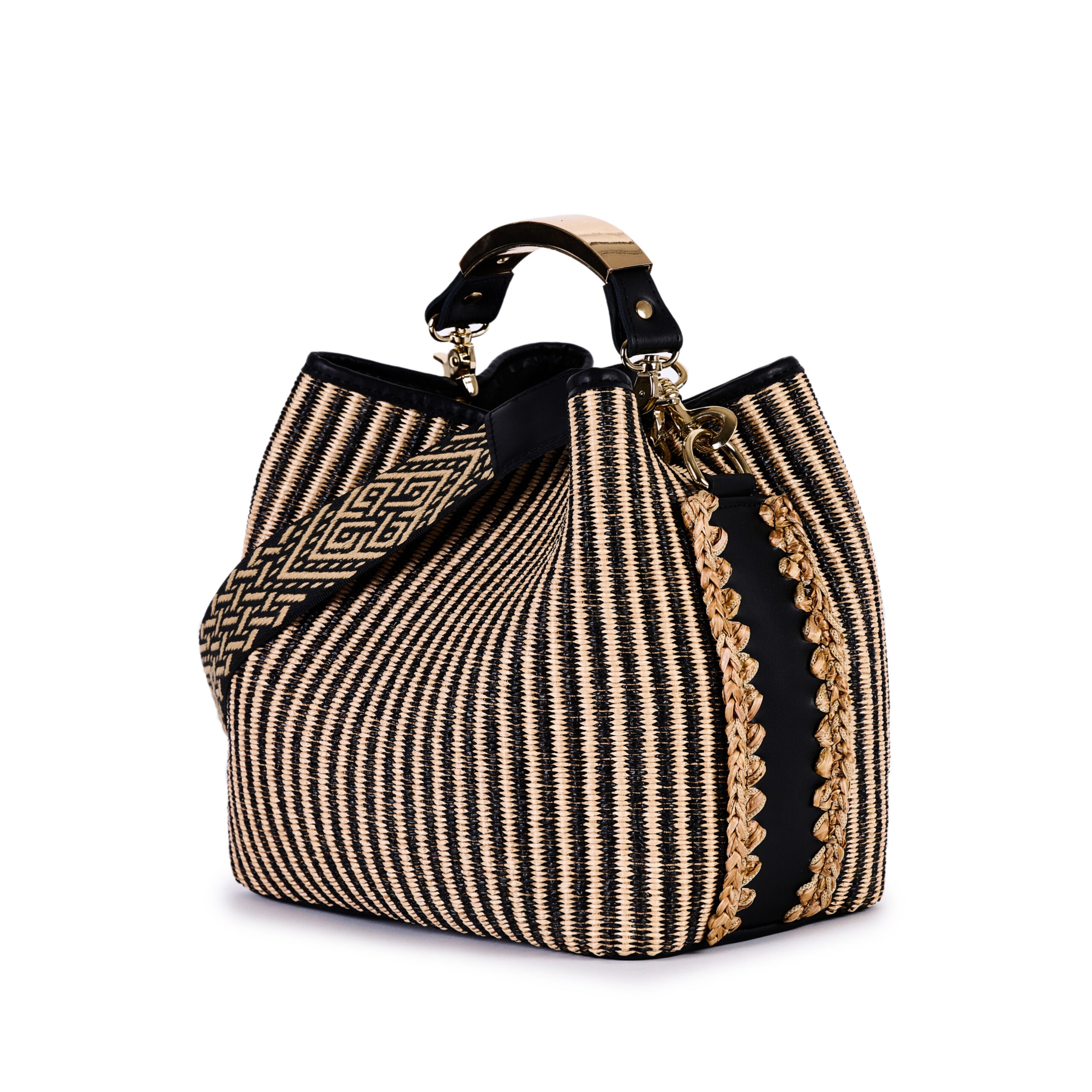 VIAMAIL BAG Borsa secchiello in pelle e rafia Coral Rover naturale e nera 