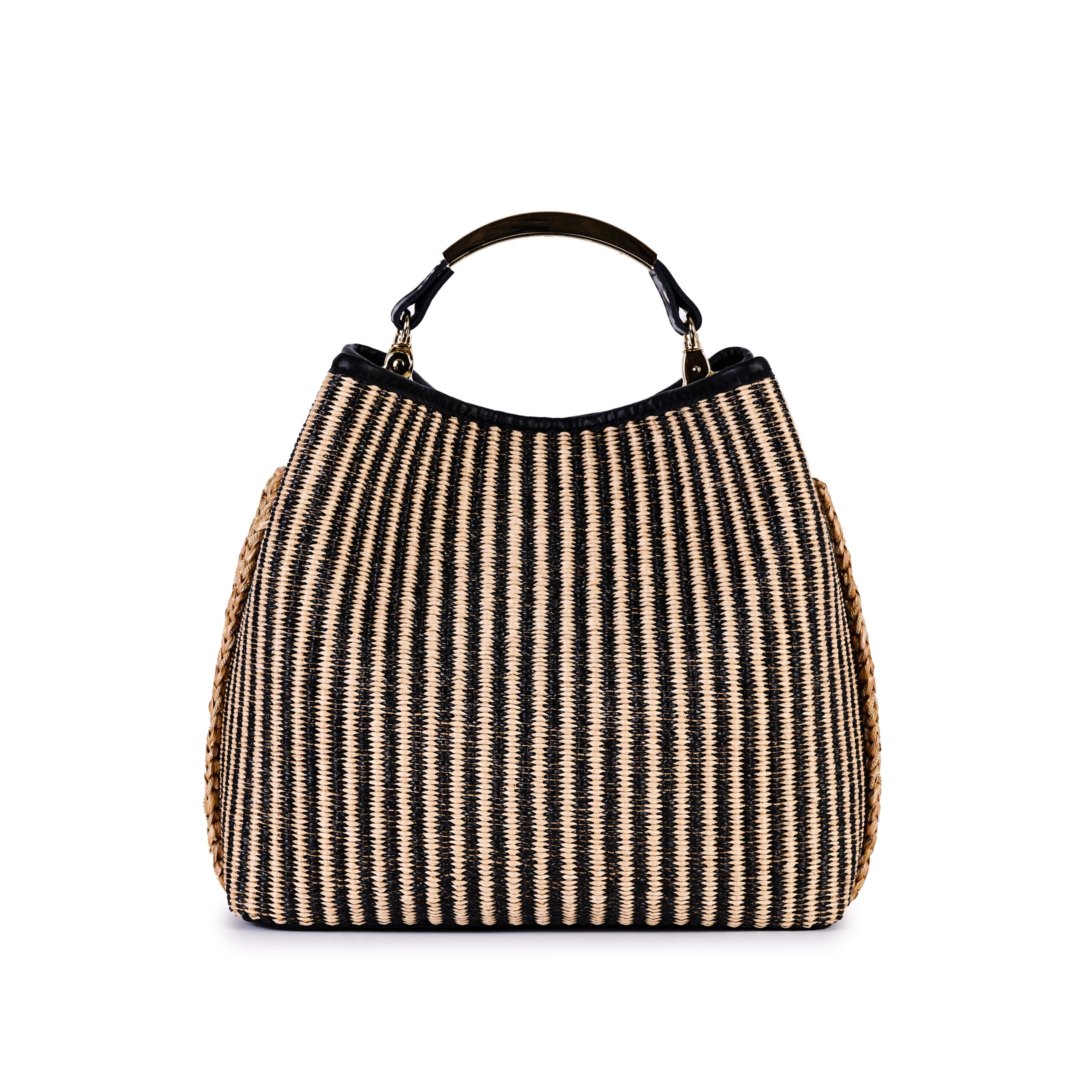 VIAMAIL BAG Borsa secchiello in pelle e rafia Coral Rover naturale e nera 