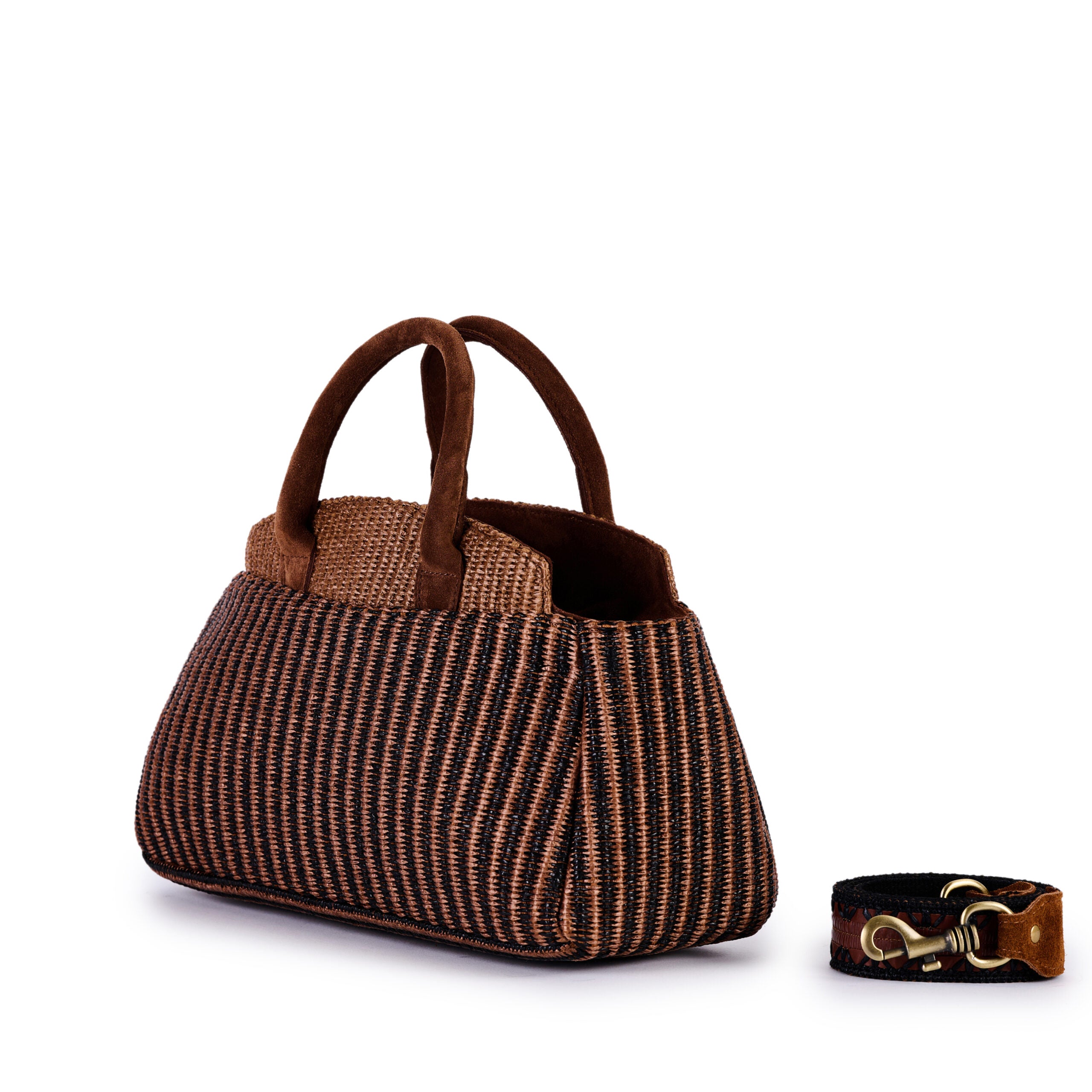 VIAMAIL BAG Borsa in rafia jacquard Lizzy Rover marrone e nera con camoscio 