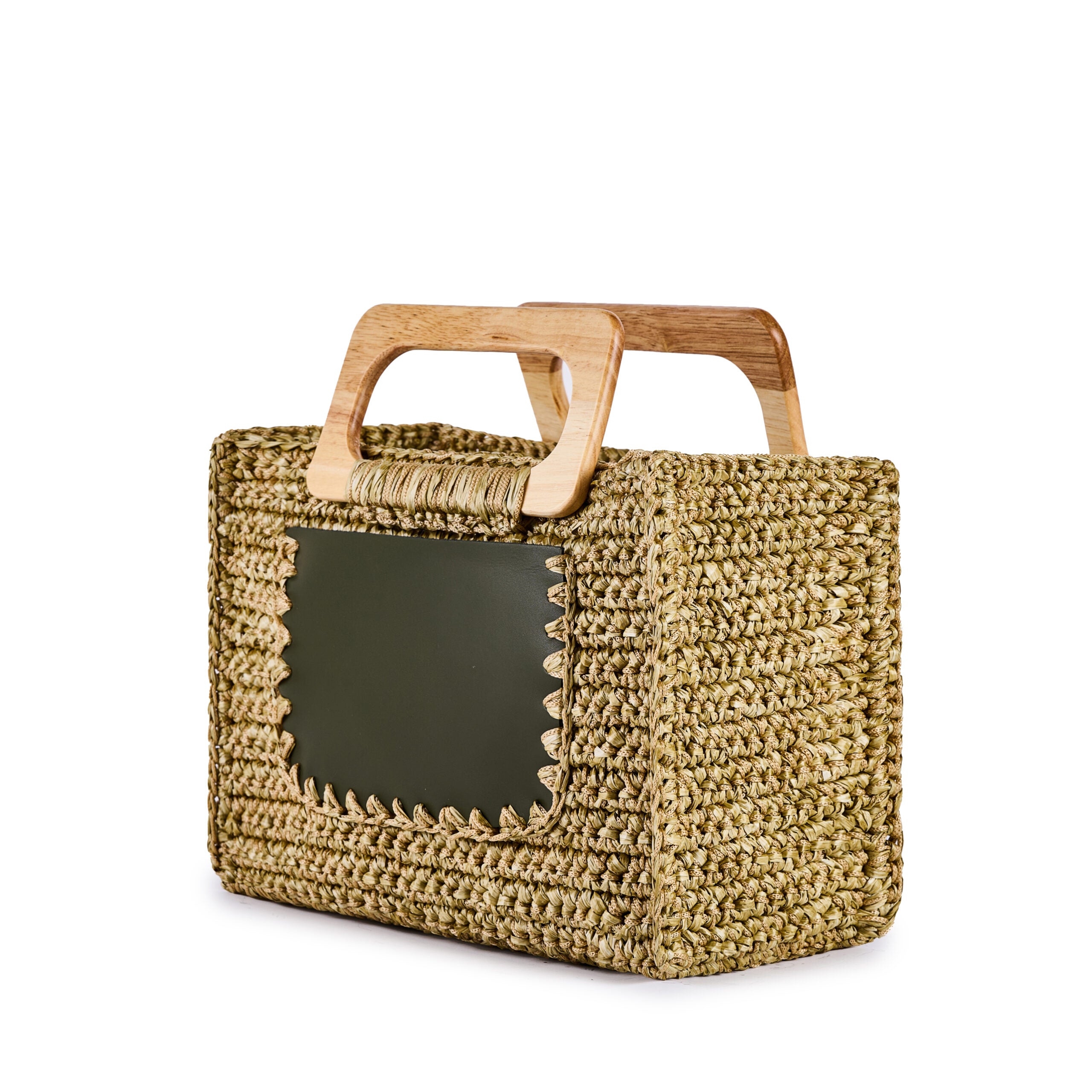 VIAMAIL BAG Borsa in rafia crochet Milos verde con manici in legno 