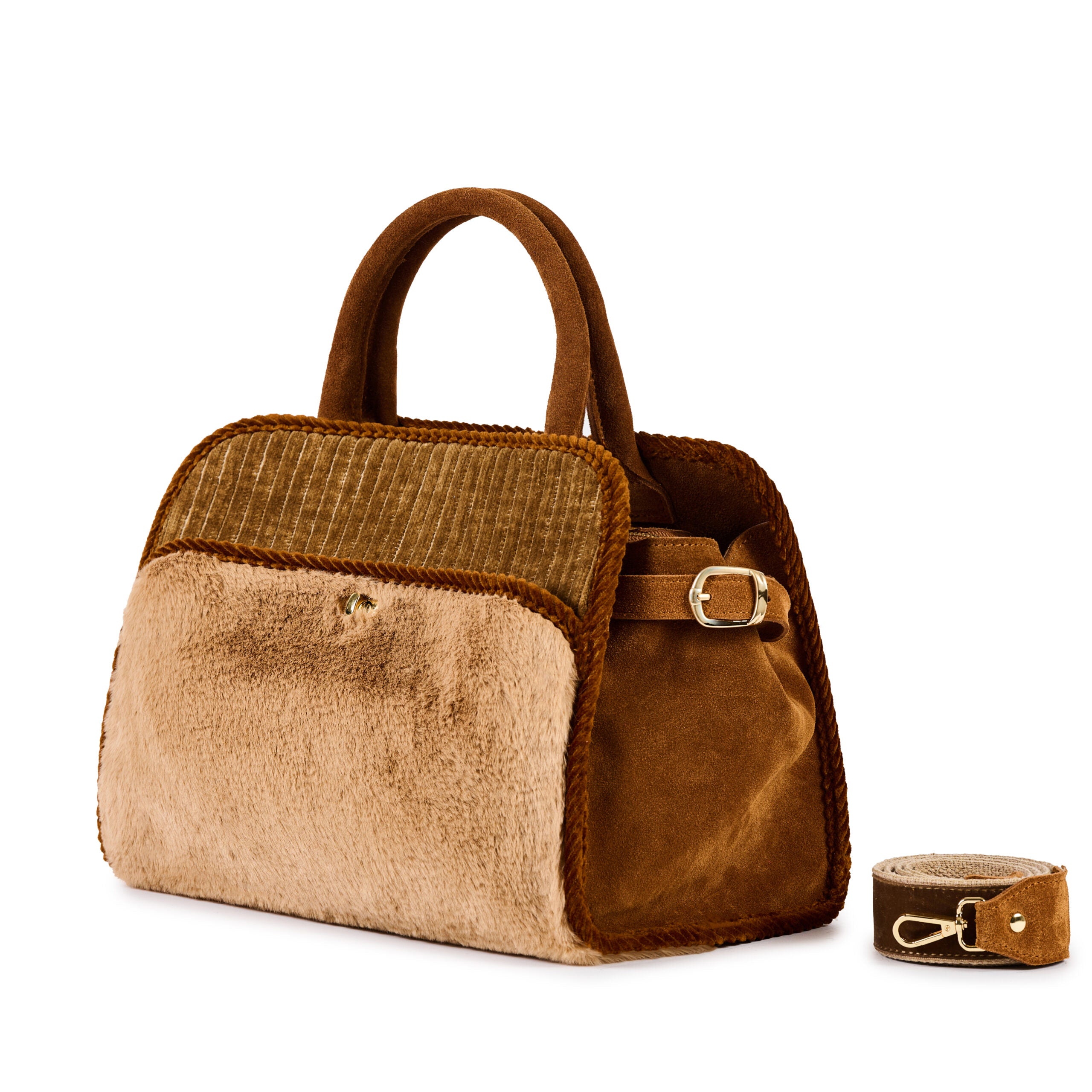 VIAMAIL BAG Borsa Sharon Fur N02 beige e cuoio in velluto a coste ed ecopelliccia 