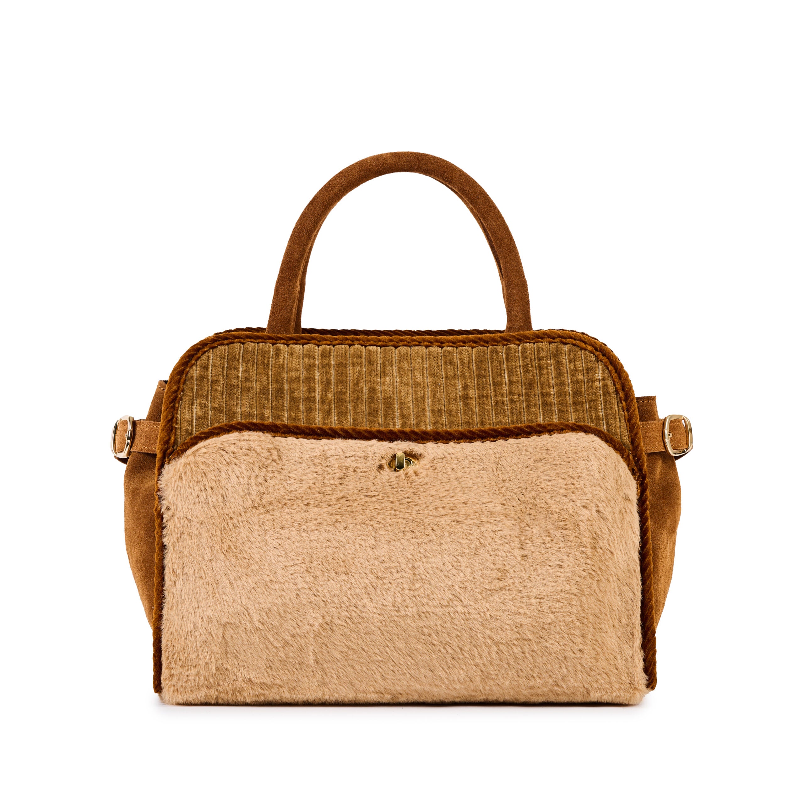 VIAMAIL BAG Borsa Sharon Fur N02 beige e cuoio in velluto a coste ed ecopelliccia 