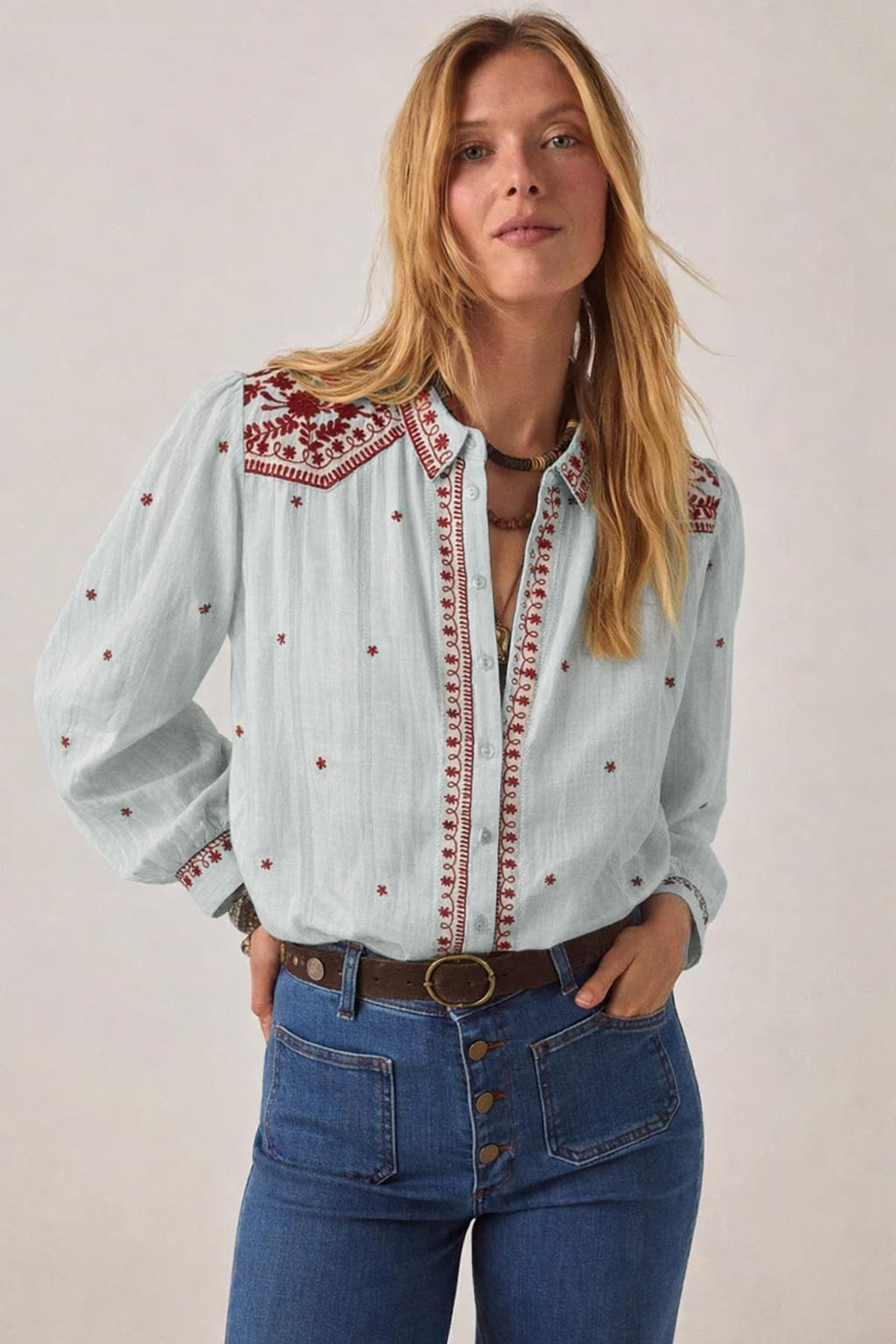 MAISON HOTEL Camicia donna Salinger Blue Paprika in cotone ricamata 
