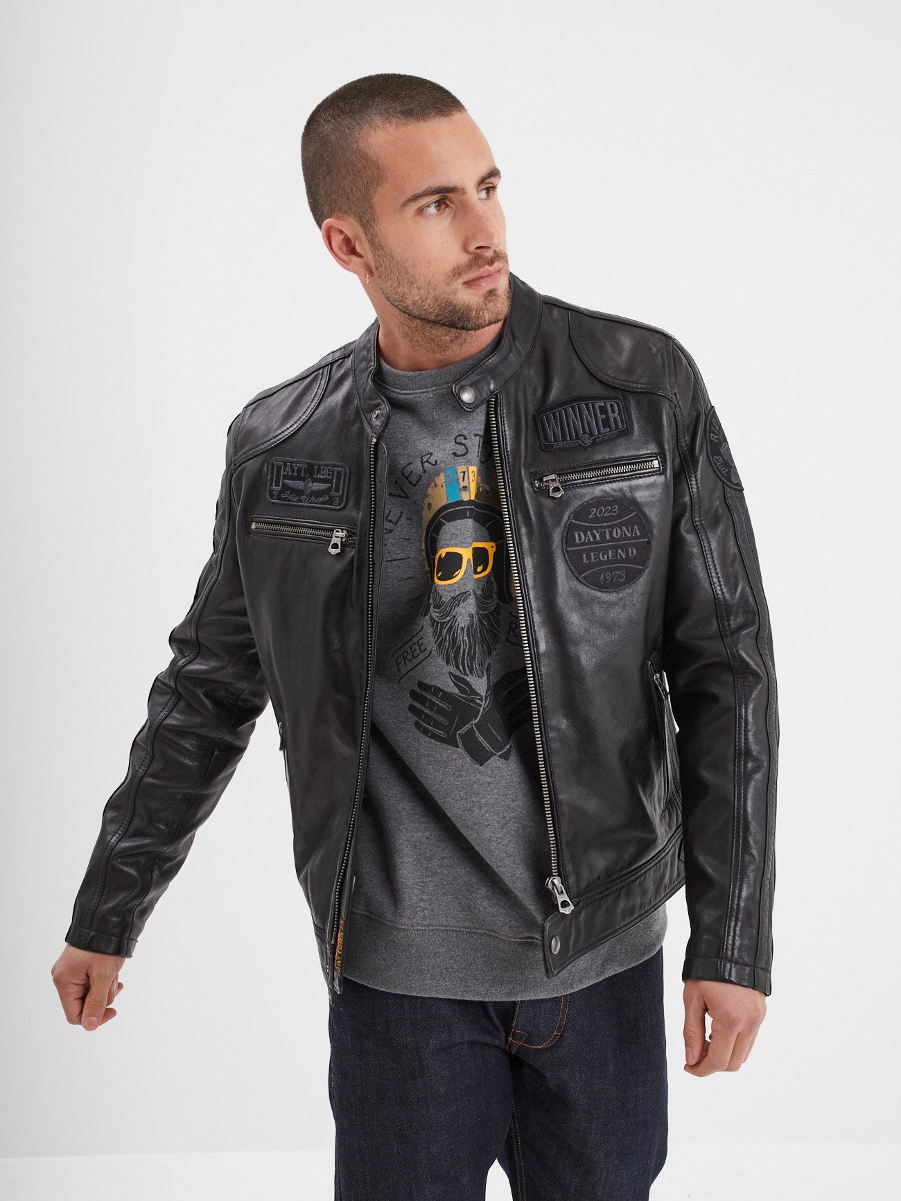 DAYTONA 73 Giacca in pelle nera uomo Wartburg 