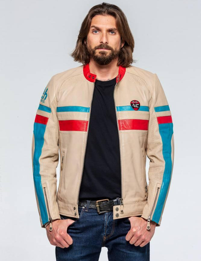 LE MANS Giubbotto uomo Roadster pelle ovina ecru stile motard L 