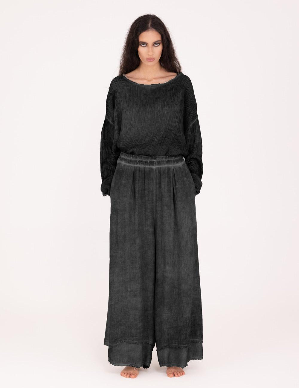 SANCTAMUERTE Pantalone modello palazzo Light in misto lana nero 