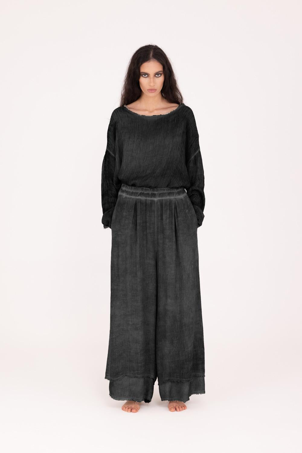 SANCTAMUERTE Pantalone modello palazzo Light in misto lana nero 