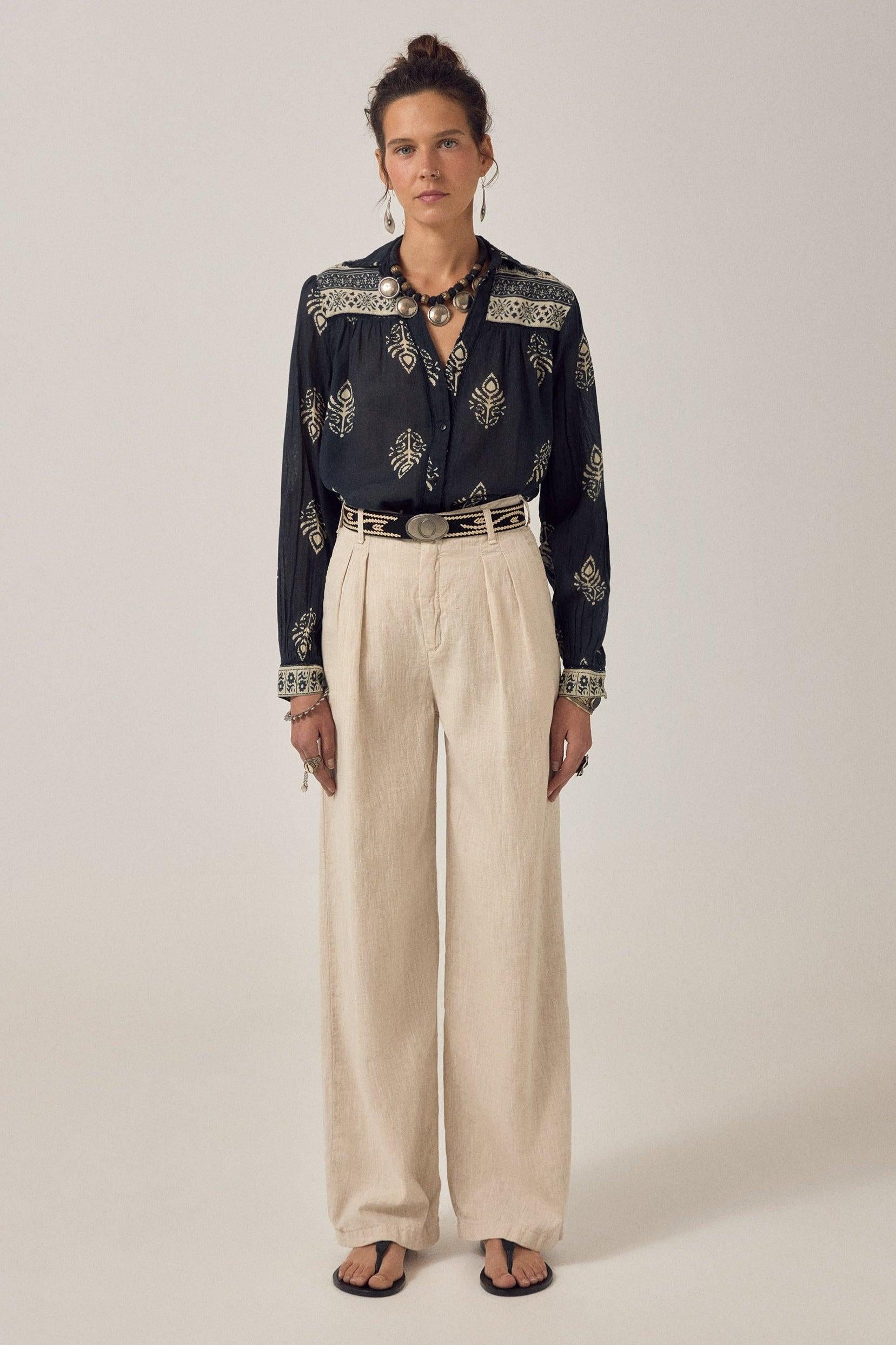 MAISON HOTEL Pantalone donna Marina Sand in lino e cotone 