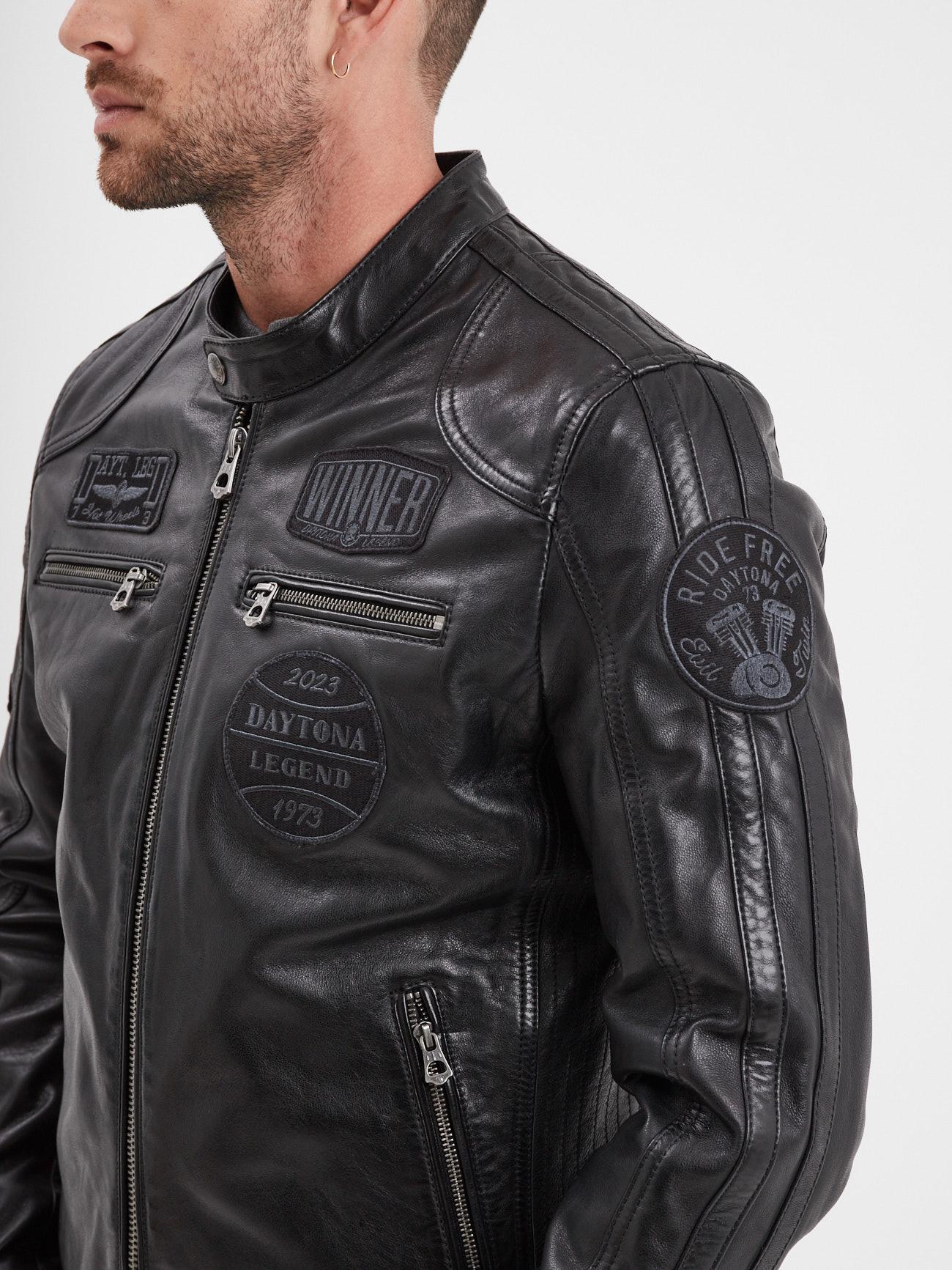 DAYTONA 73 Giacca in pelle nera uomo Wartburg 