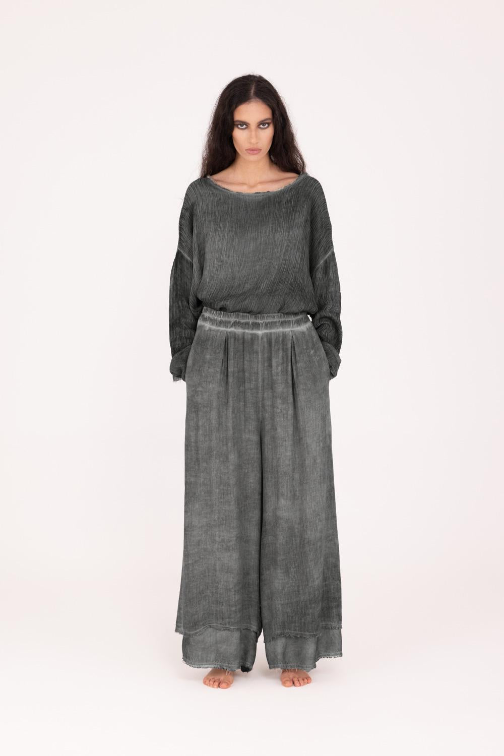 SANCTAMUERTE Pantalone modello palazzo Light in misto lana emerald gray 