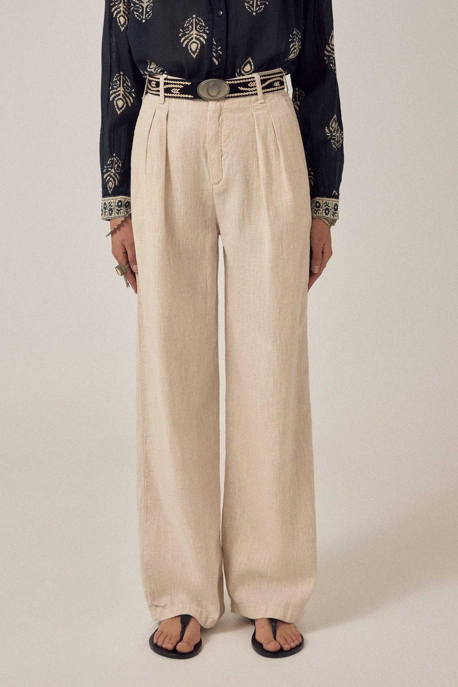 MAISON HOTEL Pantalone donna Marina Sand in lino e cotone 
