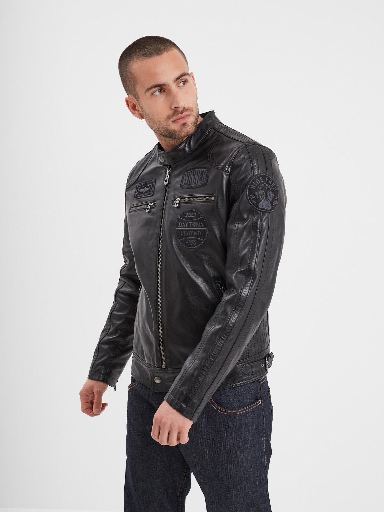 DAYTONA 73 Giacca in pelle nera uomo Wartburg 