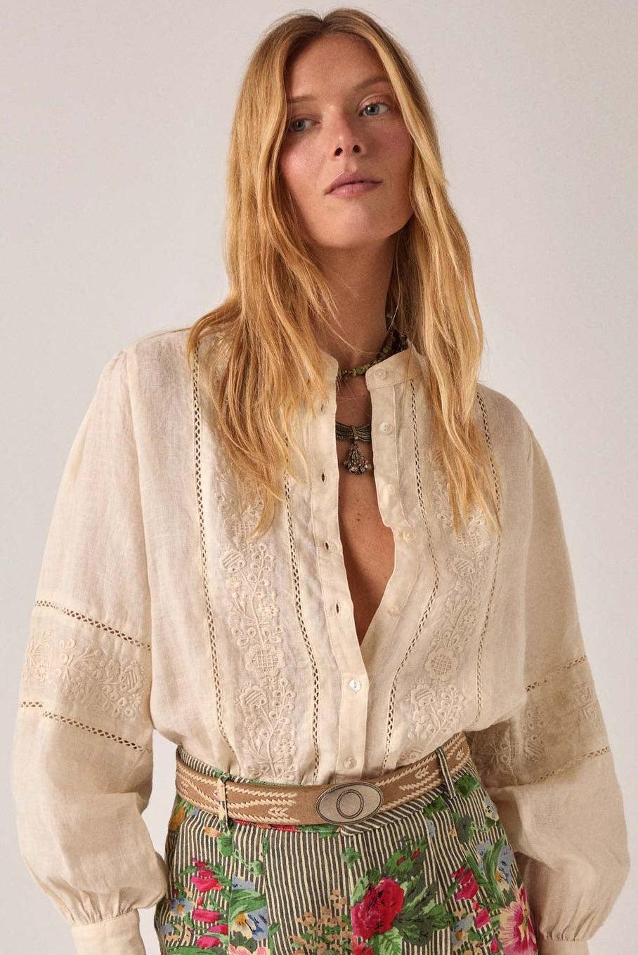 MAISON HOTEL Blusa donna Virginia in cotone e lino ricamata 