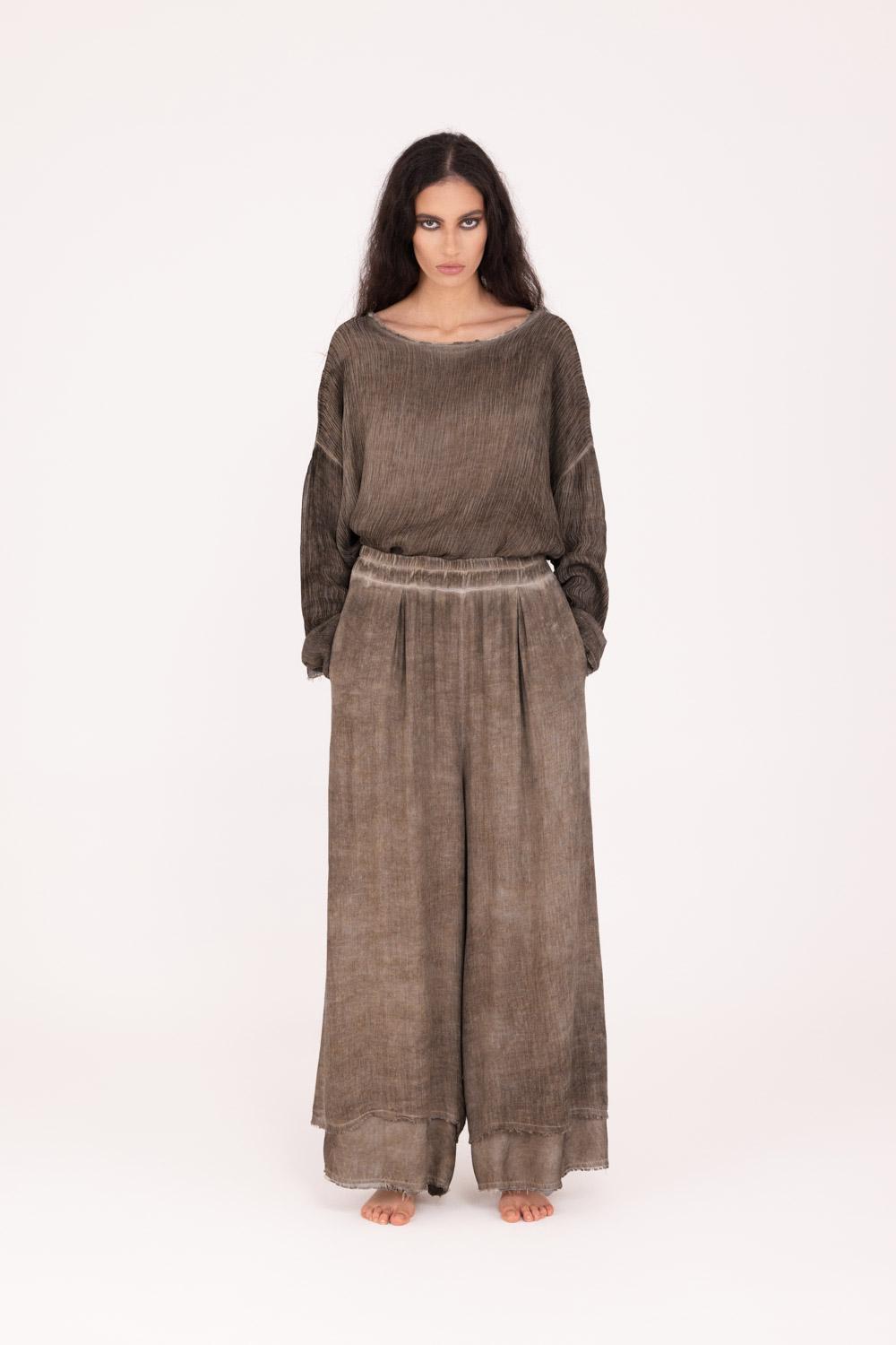 SANCTAMUERTE Pantalone modello palazzo Light in misto lana bengal brown 