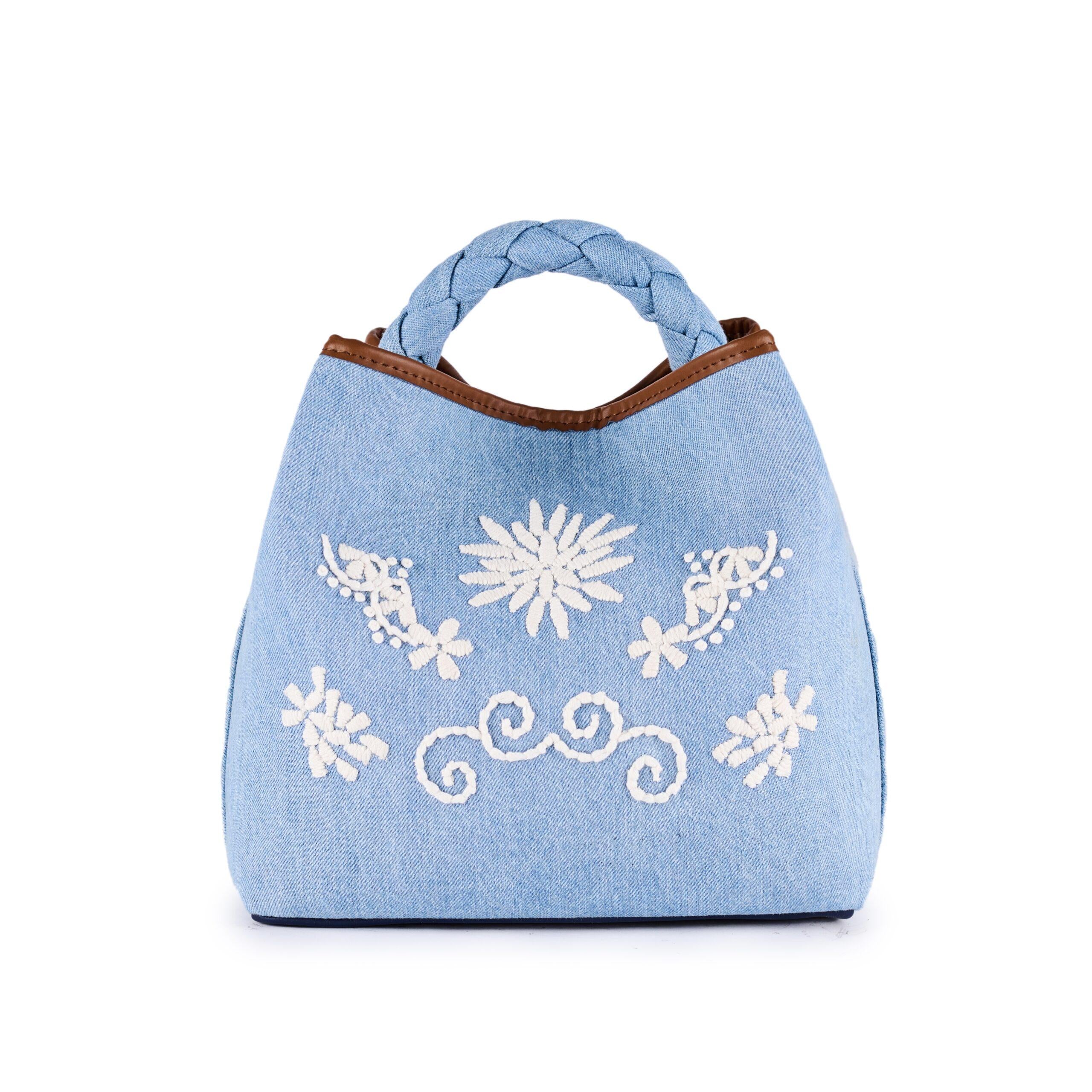 VIAMAIL BAG Borsa secchiello donna Coral Trim in jeans ricamato a mano 