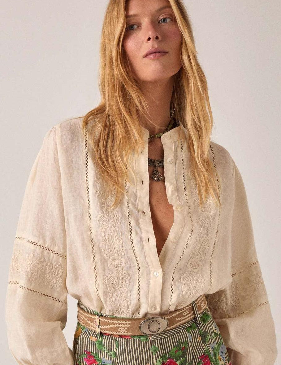 MAISON HOTEL Blusa donna Virginia in cotone e lino ricamata 